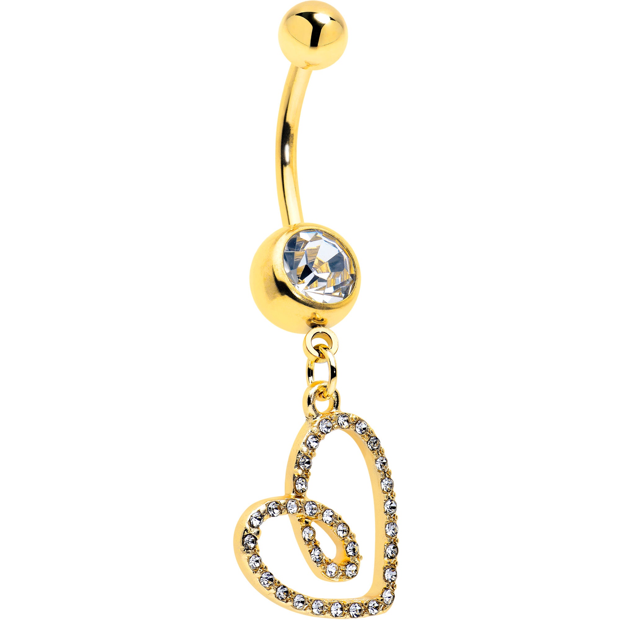 Clear CZ Gem Gold Tone Anodized Loopy Heart Dangle Belly Ring