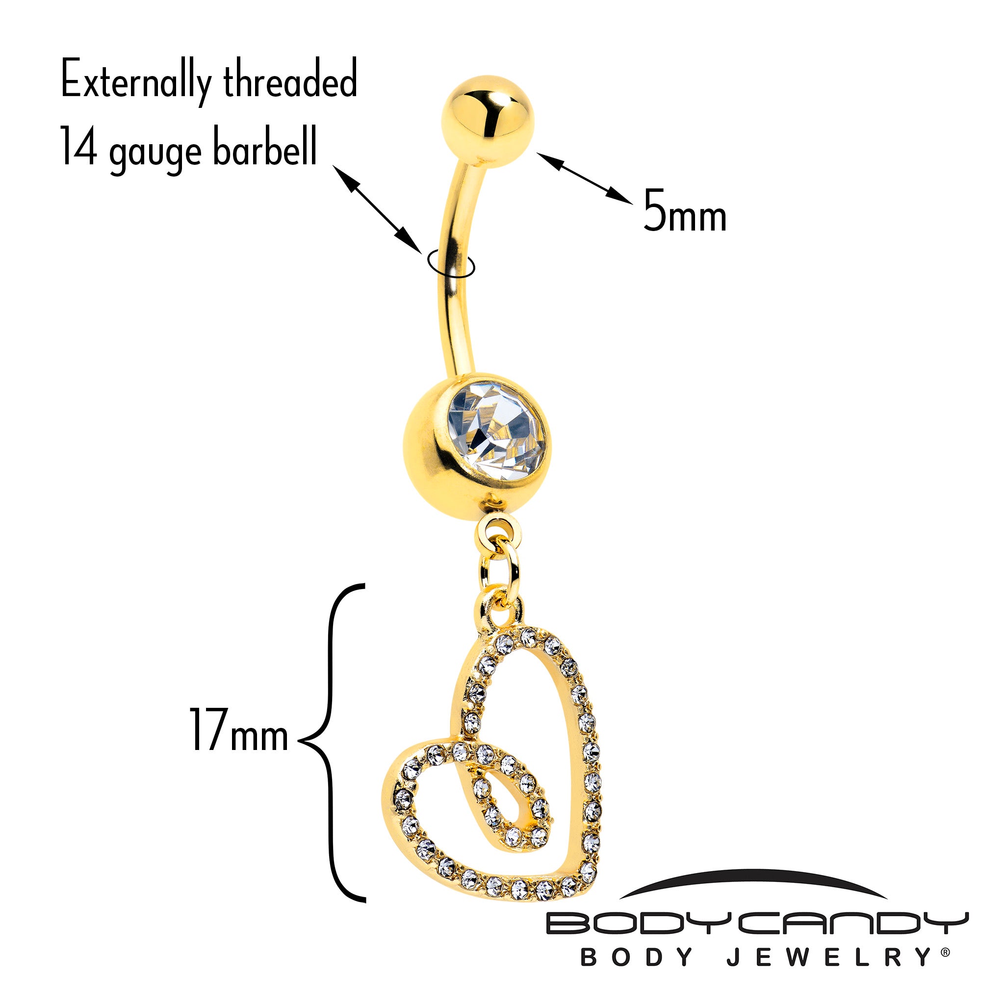 Clear CZ Gem Heart Dangle Belly Ring Gold Tone Anodized