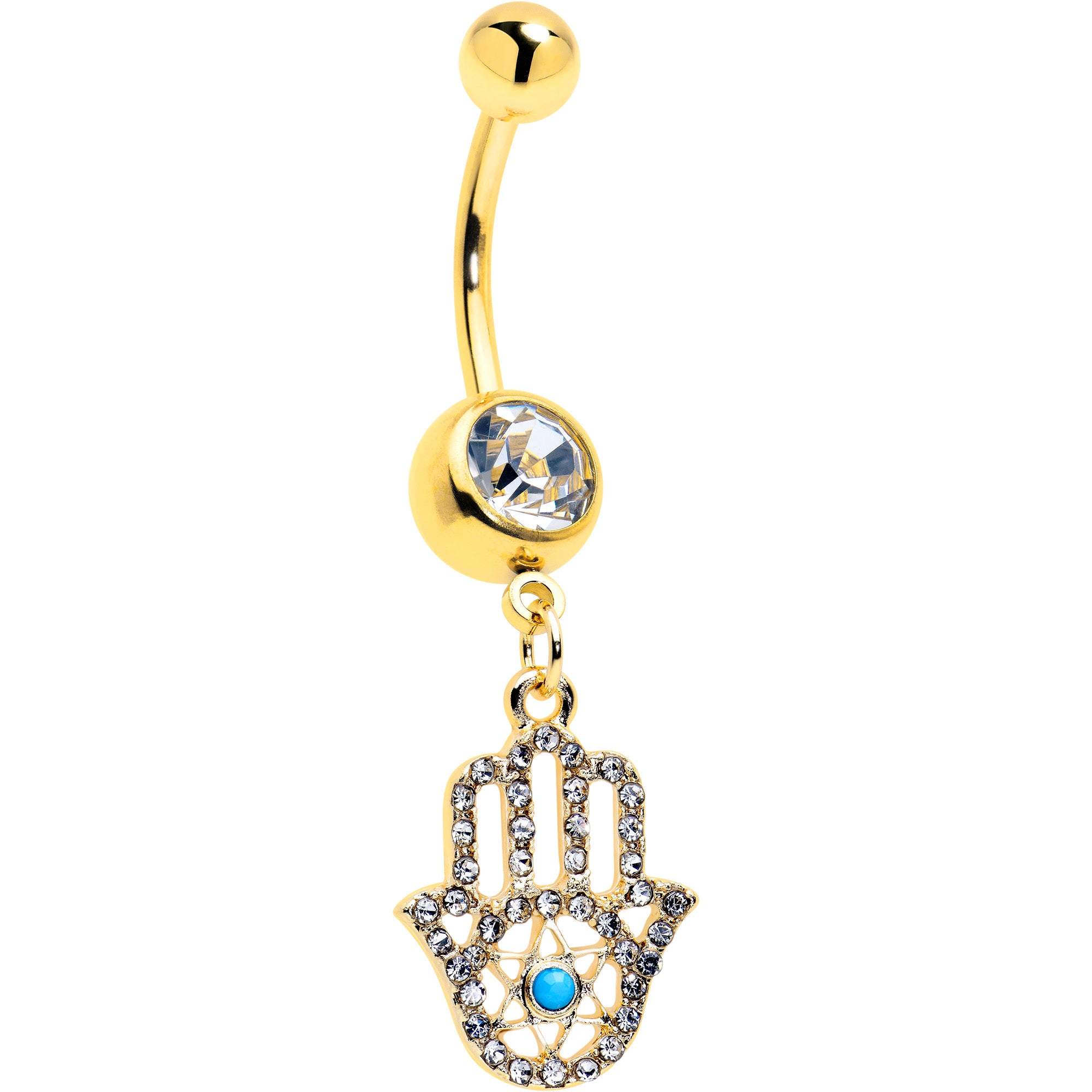 Clear CZ Gem Gold Tone Anodized Hamsa Hand Star Dangle Belly Ring