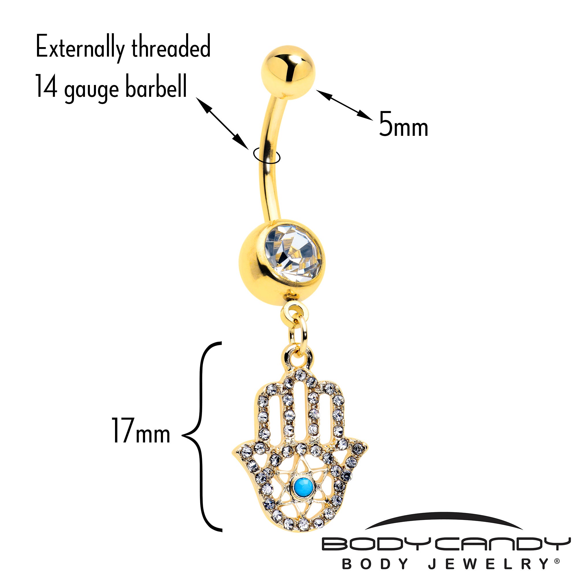 Gold Tone Hamsa Hand Belly Ring with Clear CZ Gem and Star Dangle