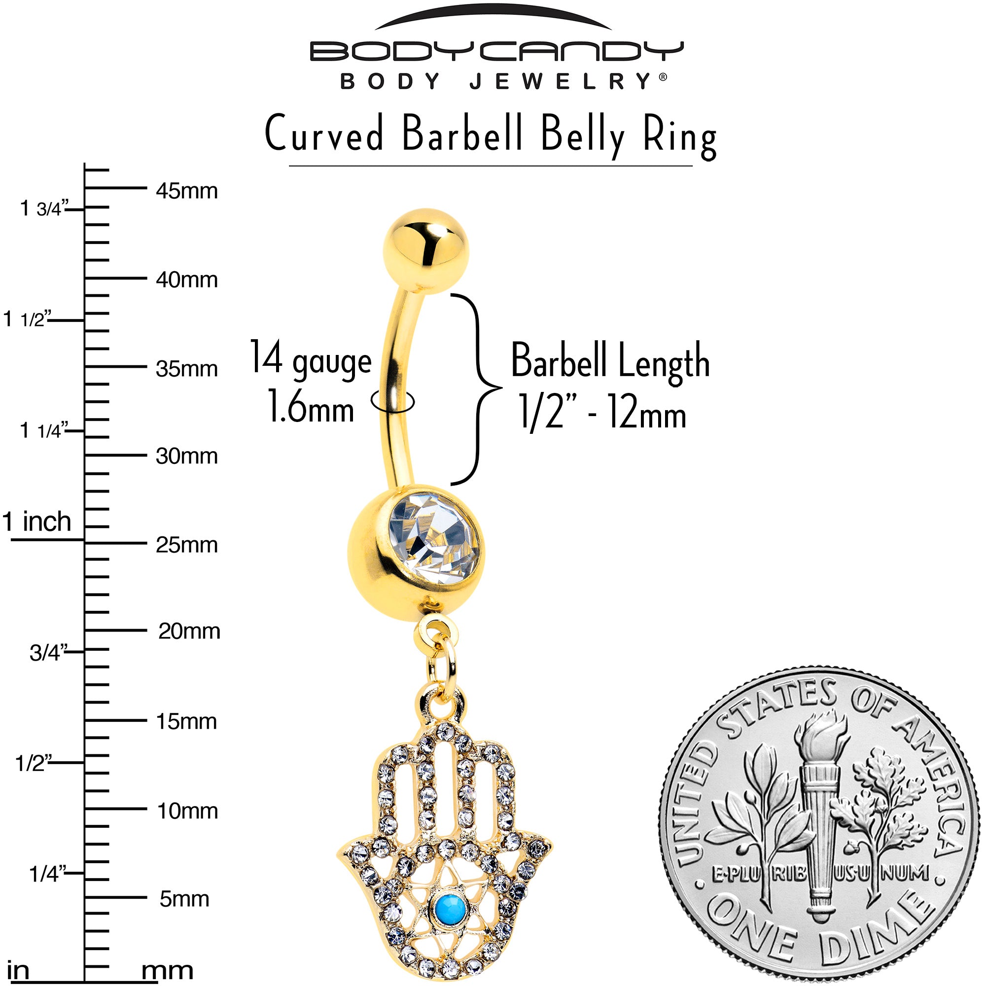 Anodized Gold Hamsa Hand Star Belly Ring with Clear CZ Gem