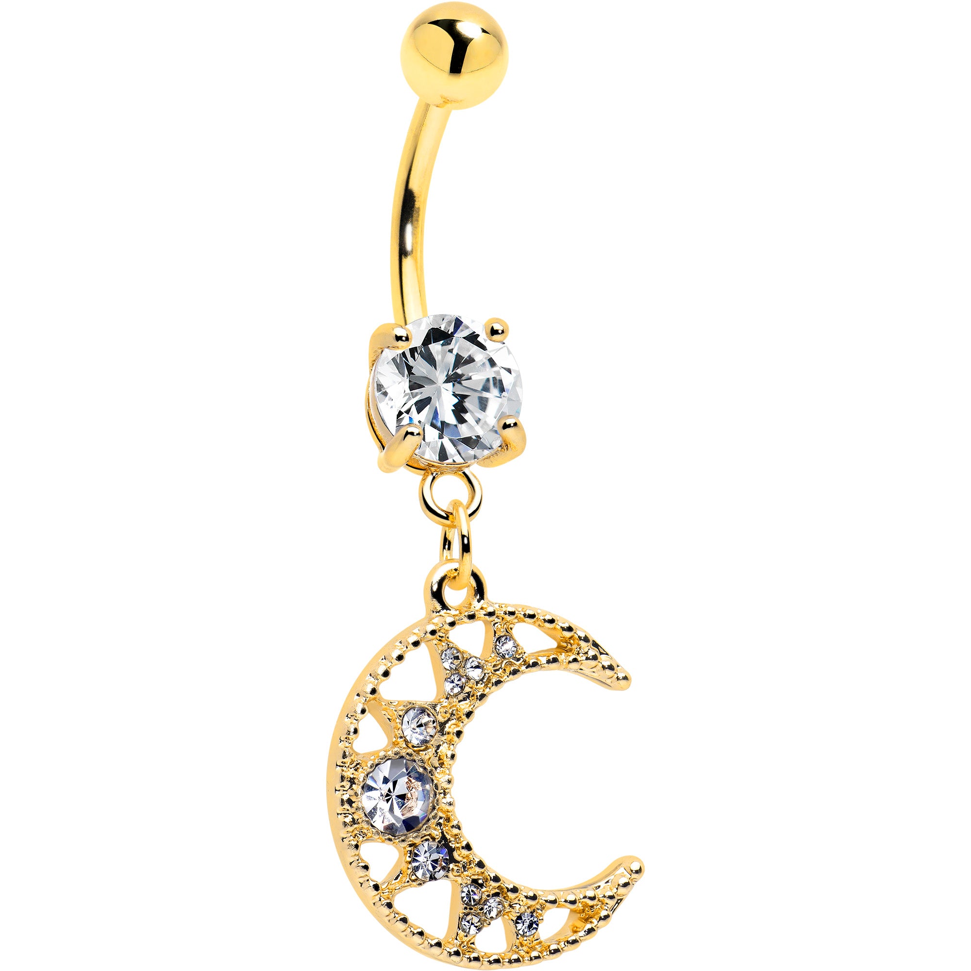 Clear CZ Gem Gold Tone Anodized Crescent Moon Dangle Belly Ring