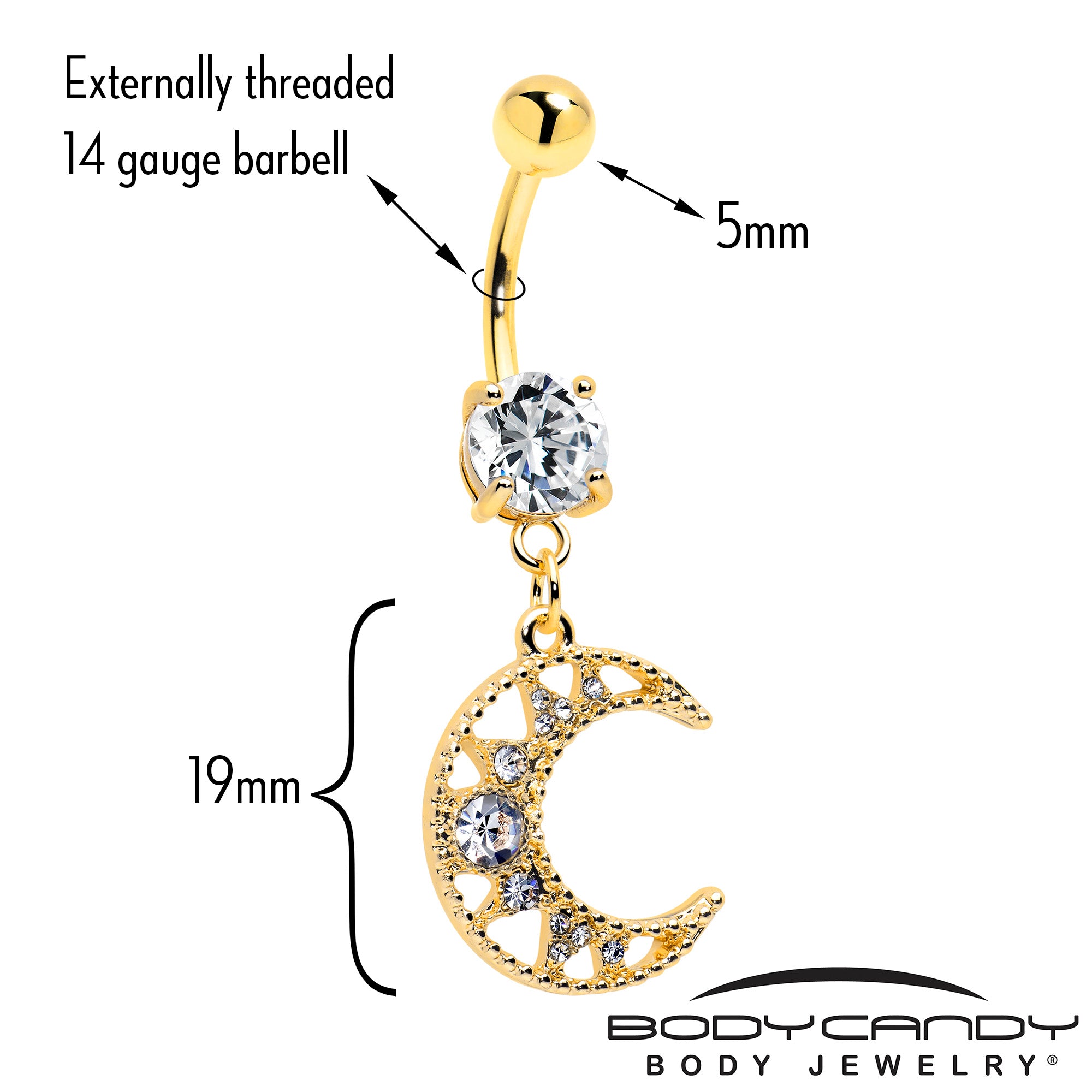 Gold Tone Crescent Moon Belly Ring with Clear CZ Gem