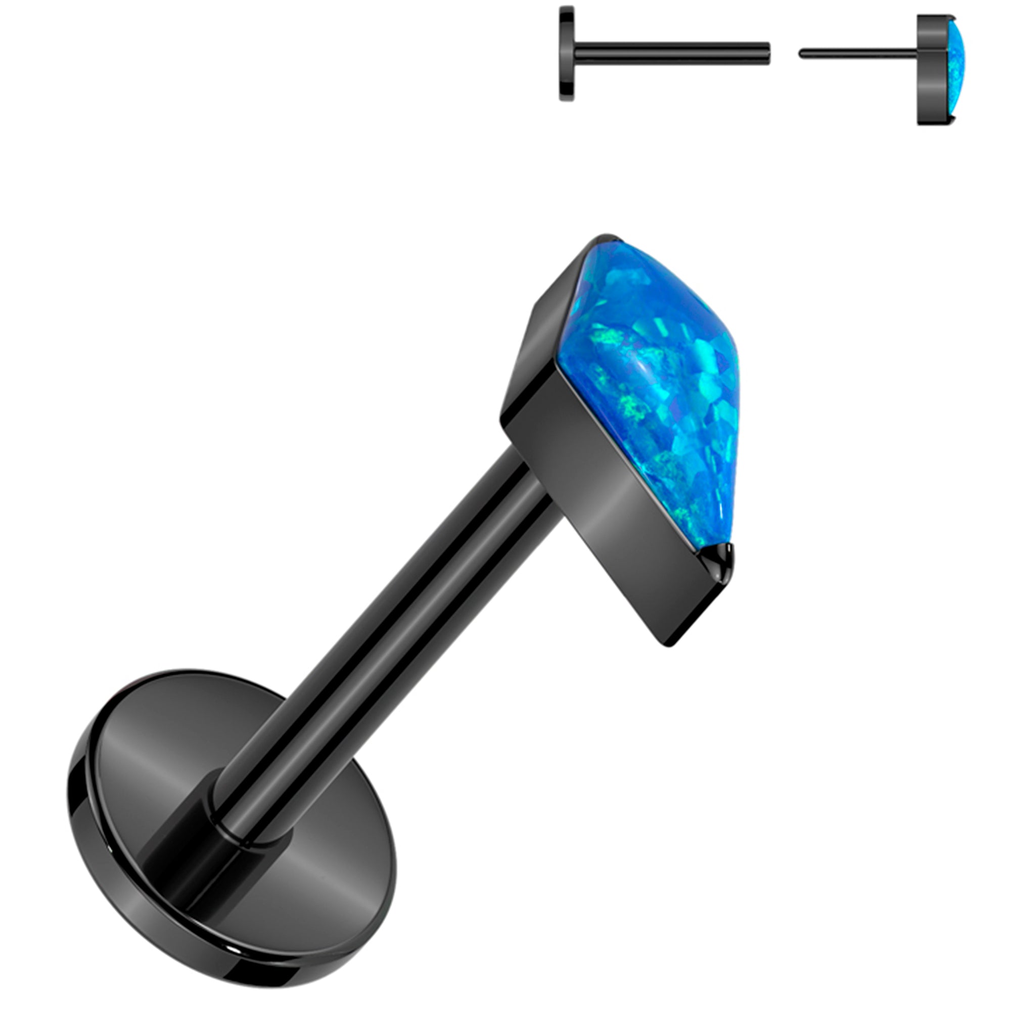 18 Gauge 5/16 Blue Synthetic Opal Spear Black PVD Medical Grade Titanium Flat Back Earring