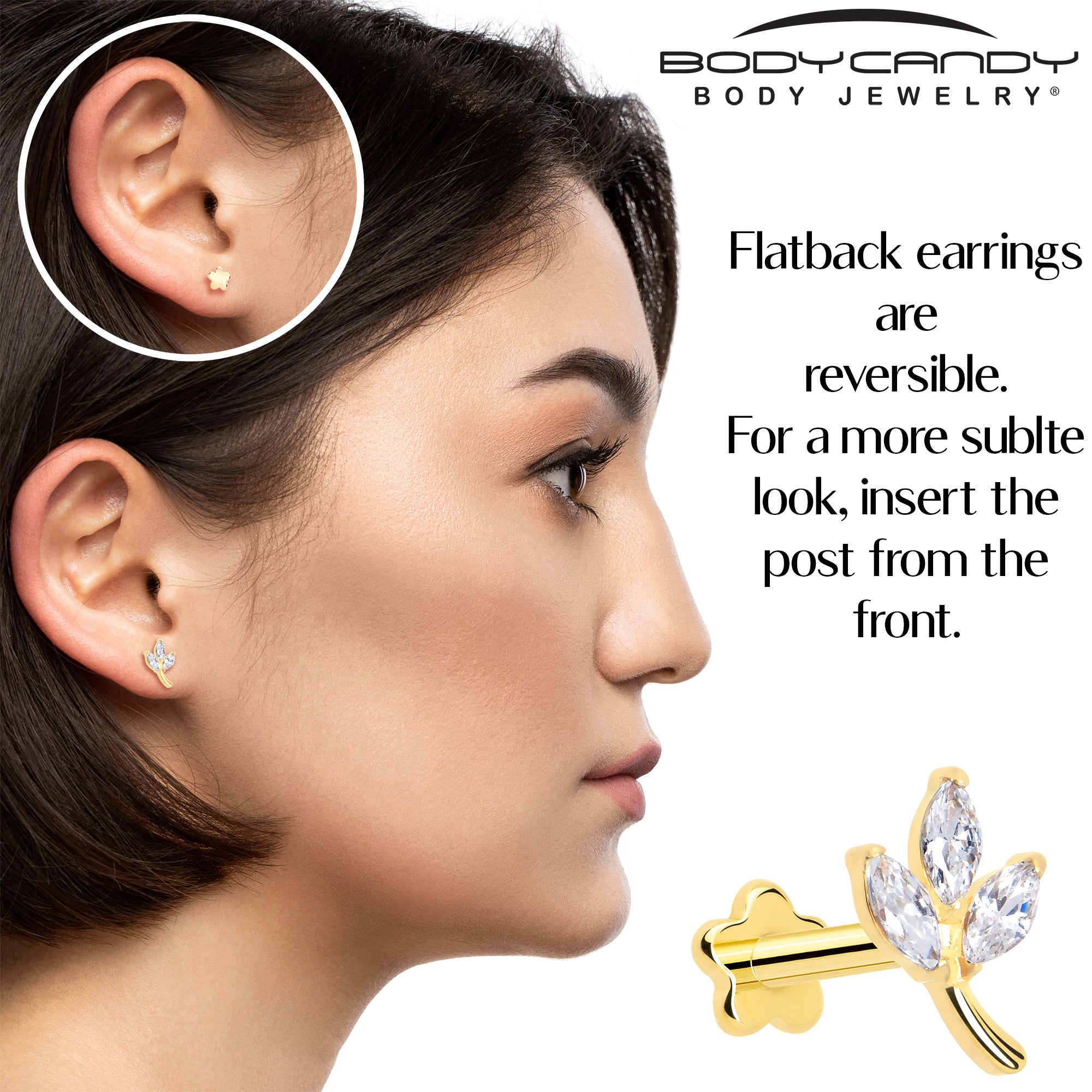 16 Gauge 1/4 CZ Gem Leaves Gold PVD Medical Grade Titanium Reversible Flat Back Earring