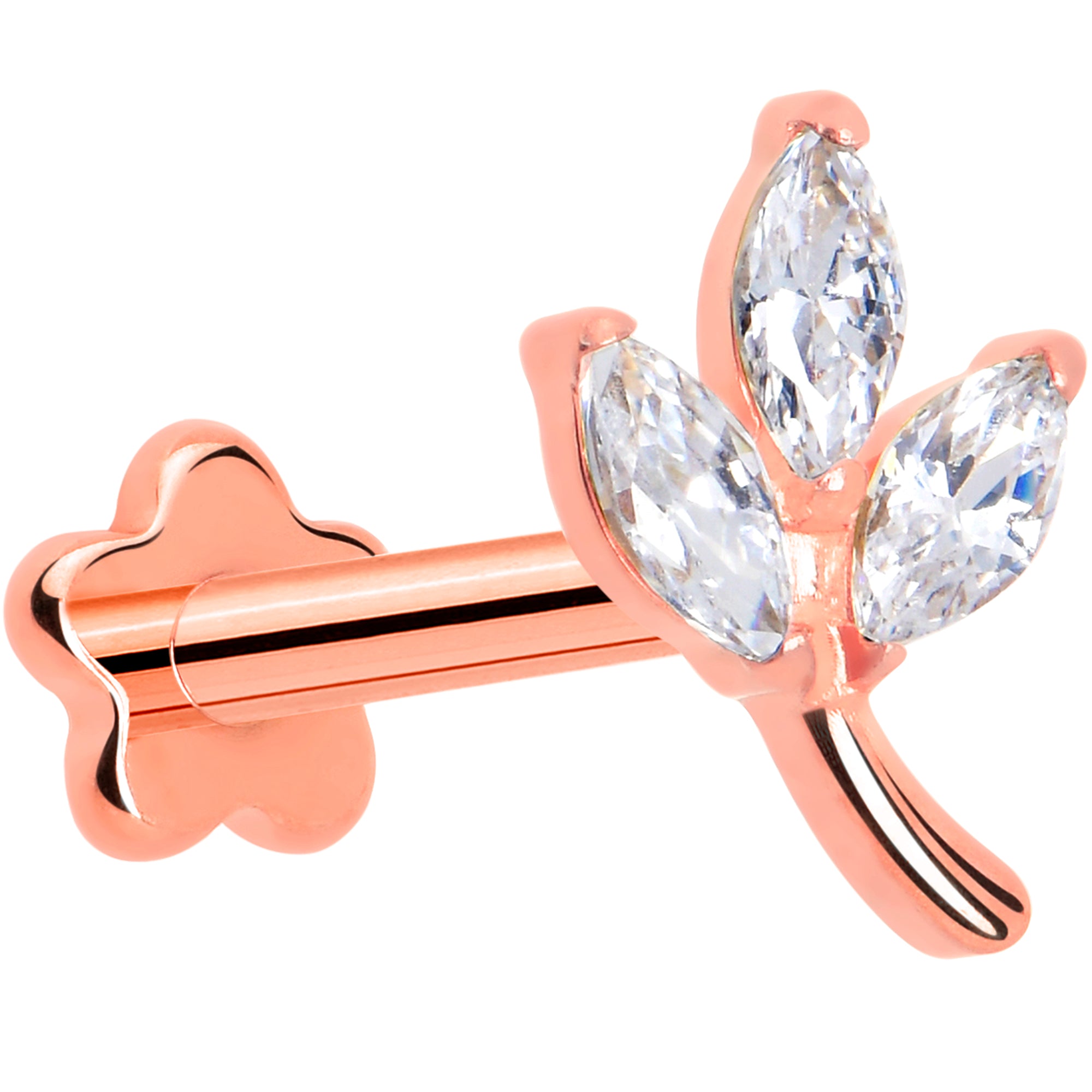 16 Gauge 5/16 CZ Gem Leaves Rose Gold PVD Medical Grade Titanium Reversible Flat Back Earring