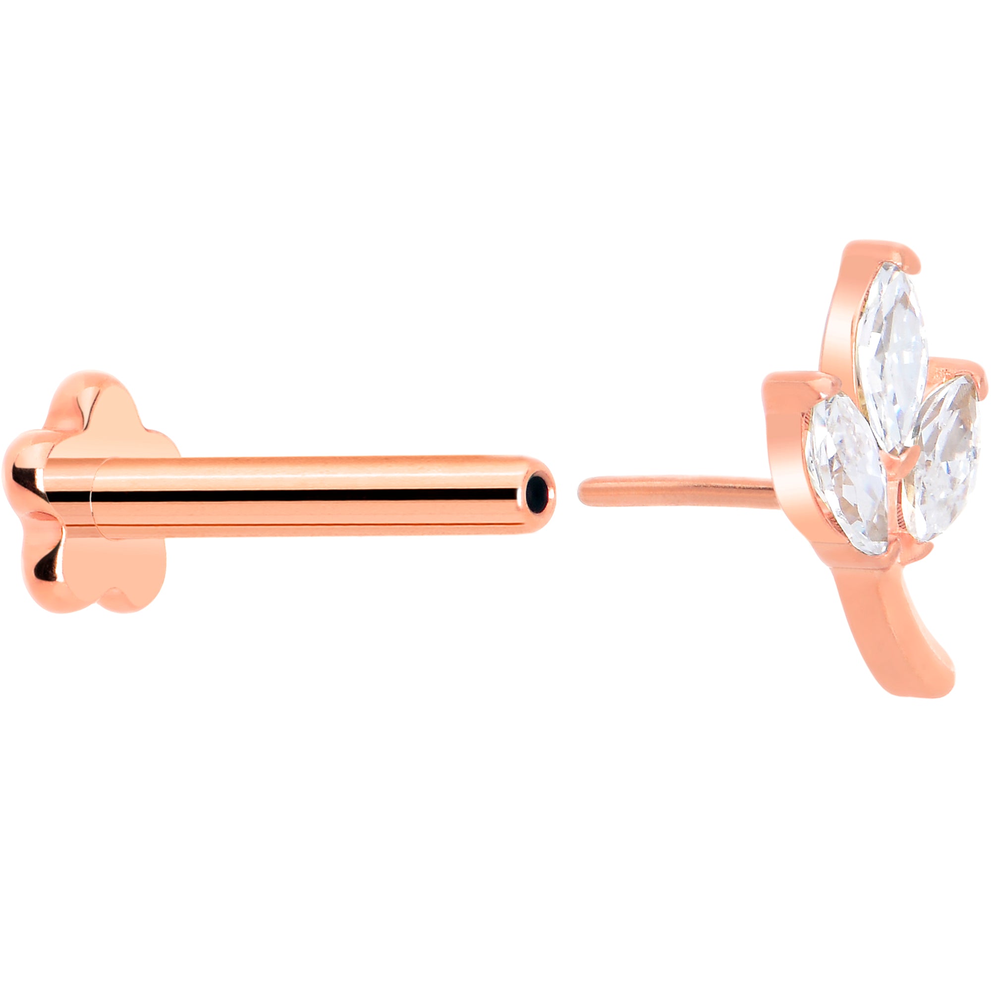 16 Gauge 5/16 CZ Gem Leaves Rose Gold PVD Medical Grade Titanium Reversible Flat Back Earring