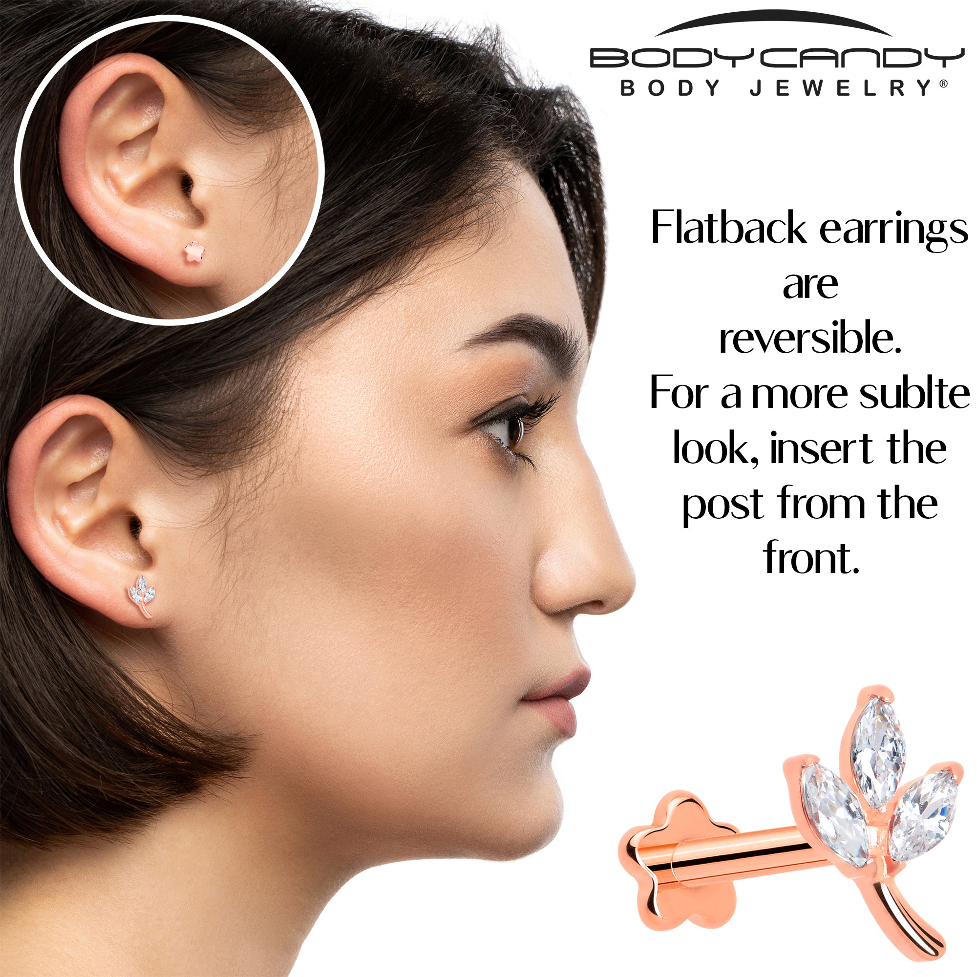 16 Gauge 5/16 CZ Gem Leaves Rose Gold PVD Medical Grade Titanium Reversible Flat Back Earring