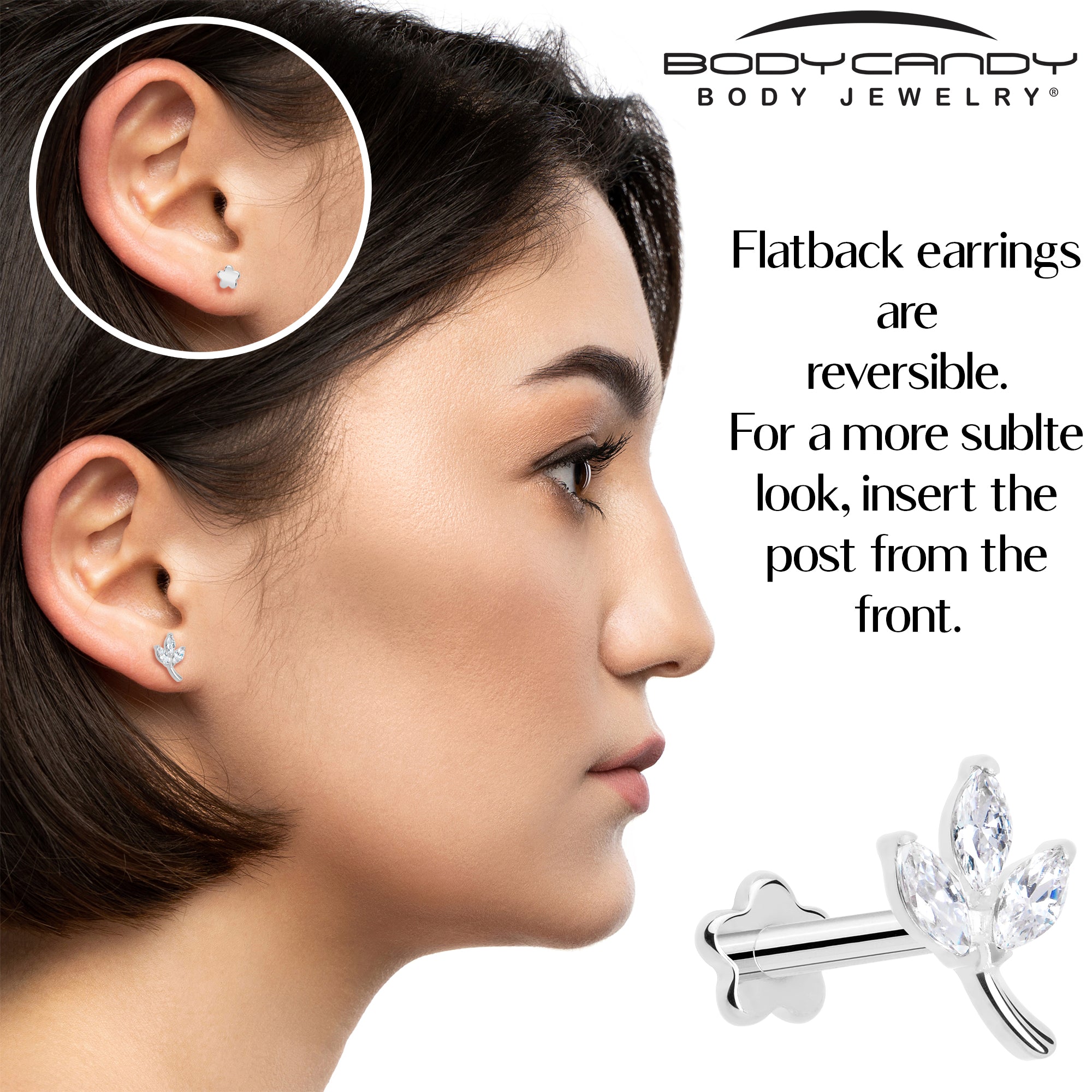 16 Gauge 5/16 CZ Gem Leaves Medical Grade Titanium Reversible Flat Back Earring