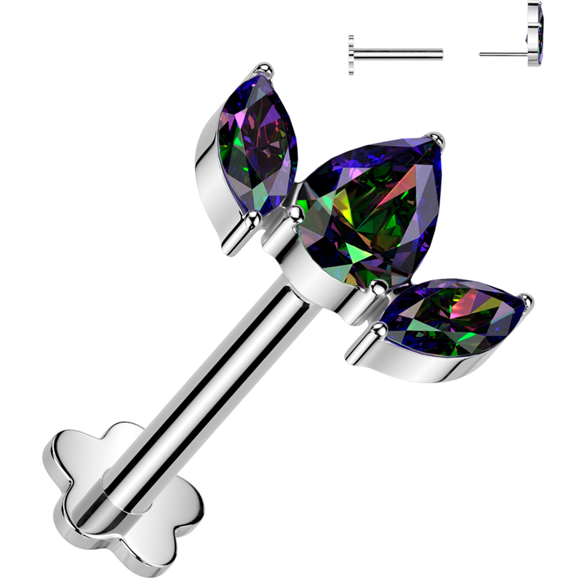 16 Gauge 5/16 Vitrail CZ Gem Oval Trio Medical Grade Titanium Reversible Flat Back Earring