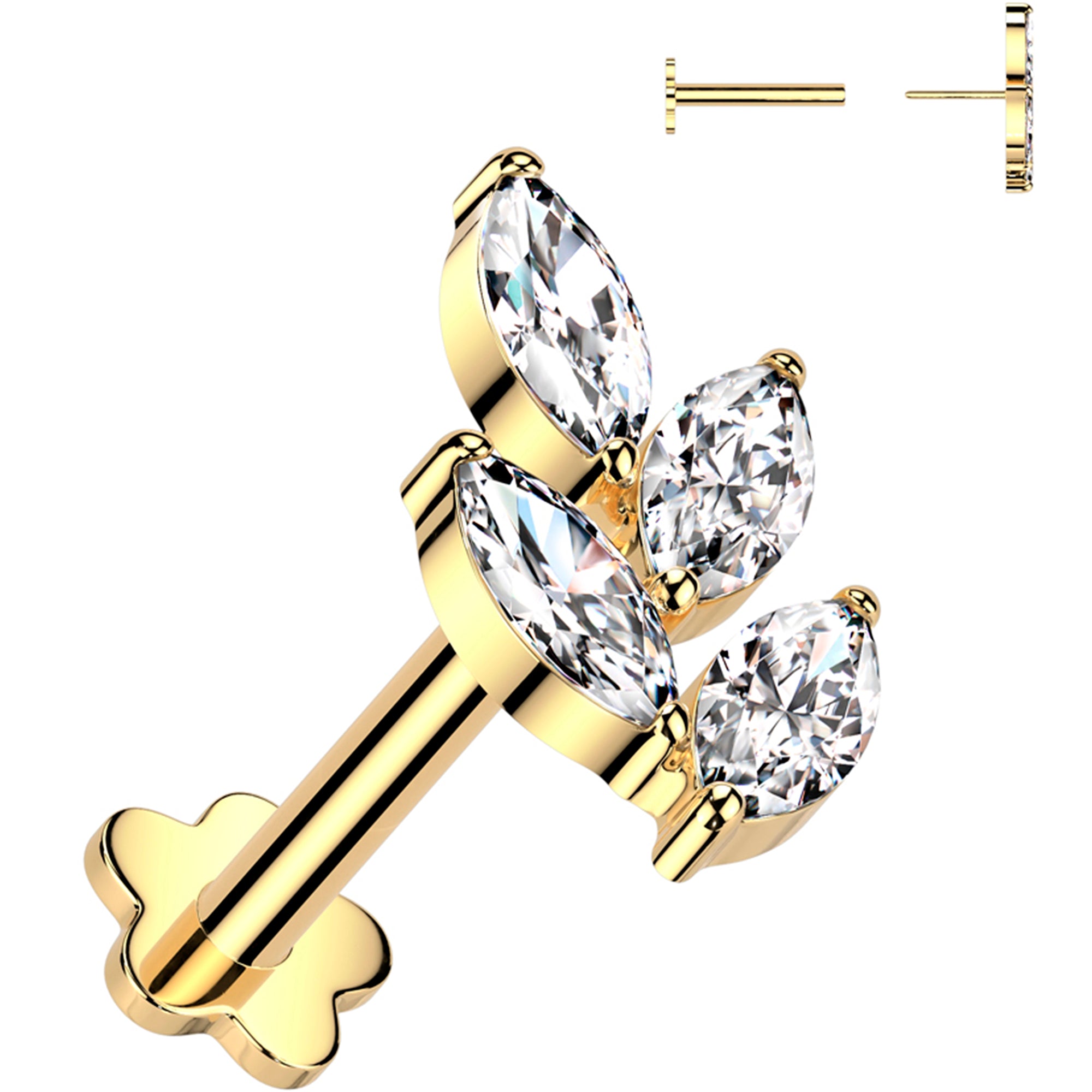 16 Gauge 5/16 Clear CZ Gem Vine Gold PVD Medical Grade Titanium Reversible Flat Back Earring