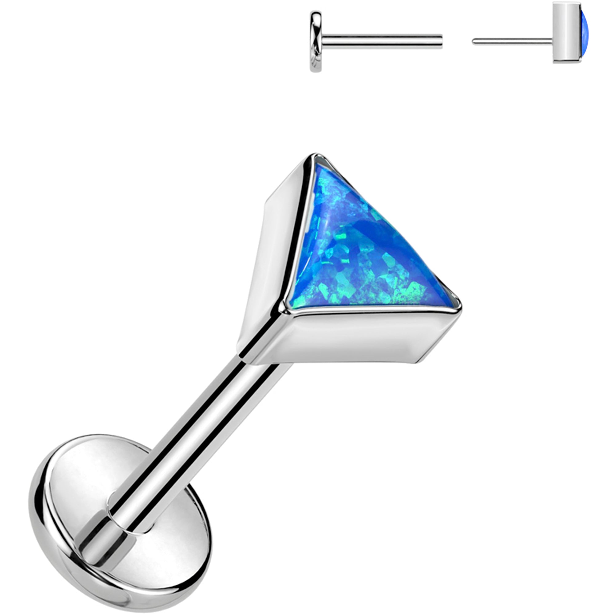 18 Gauge 5/16 Blue Synthetic Opal Triangle Medical Grade Titanium Flat Back Earring