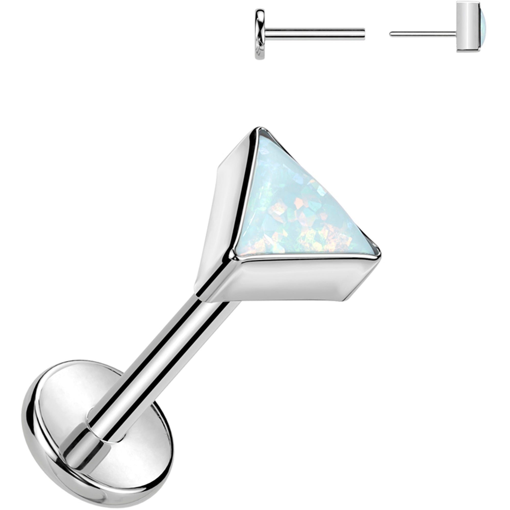 18 Gauge 5/16 White Synthetic Opal Triangle Medical Grade Titanium Flat Back Earring