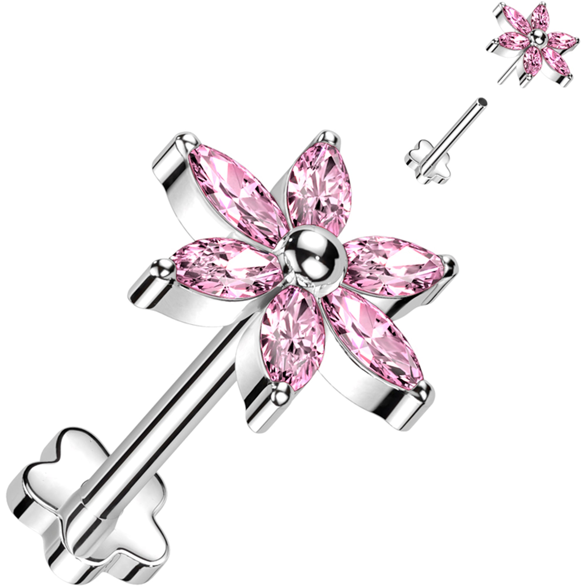 18 Gauge 5/16 Pink CZ Gem Style Flower Medical Grade Titanium Reversible Flat Back Earring