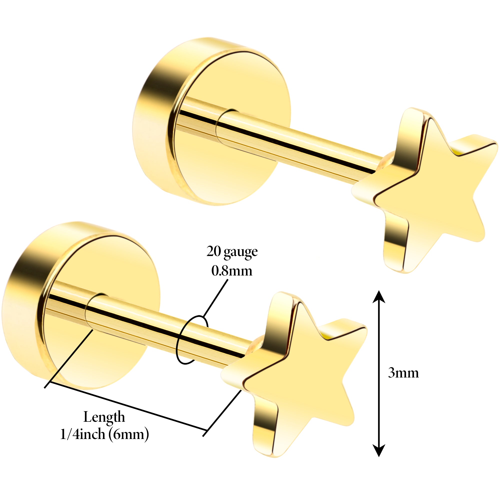 14k Yellow Gold Plated 3mm Star Flat Back Stud Earrings - 1 Pair