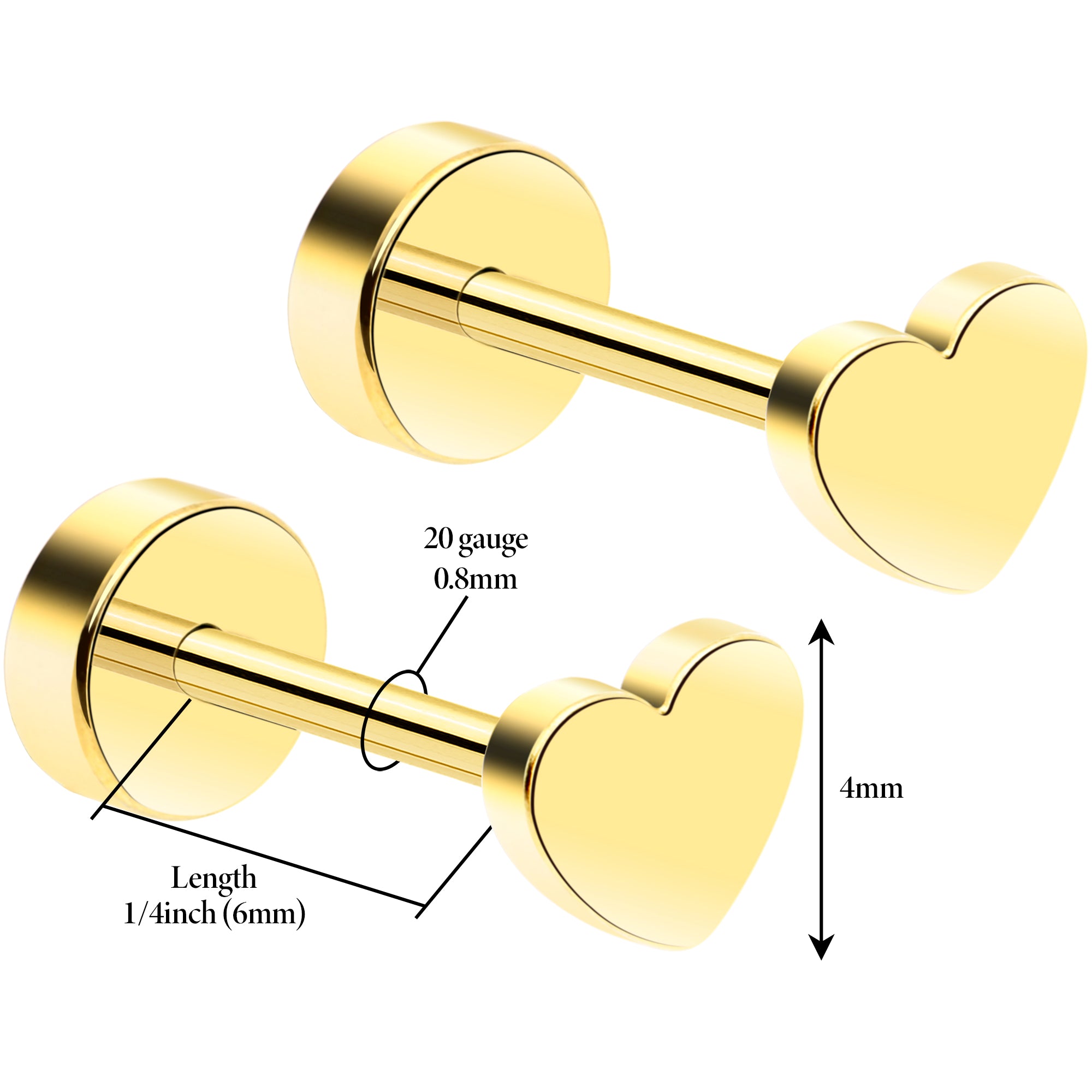 14k Yellow Gold Plated 4mm Heart Flat Back Stud Earrings - 1 Pair