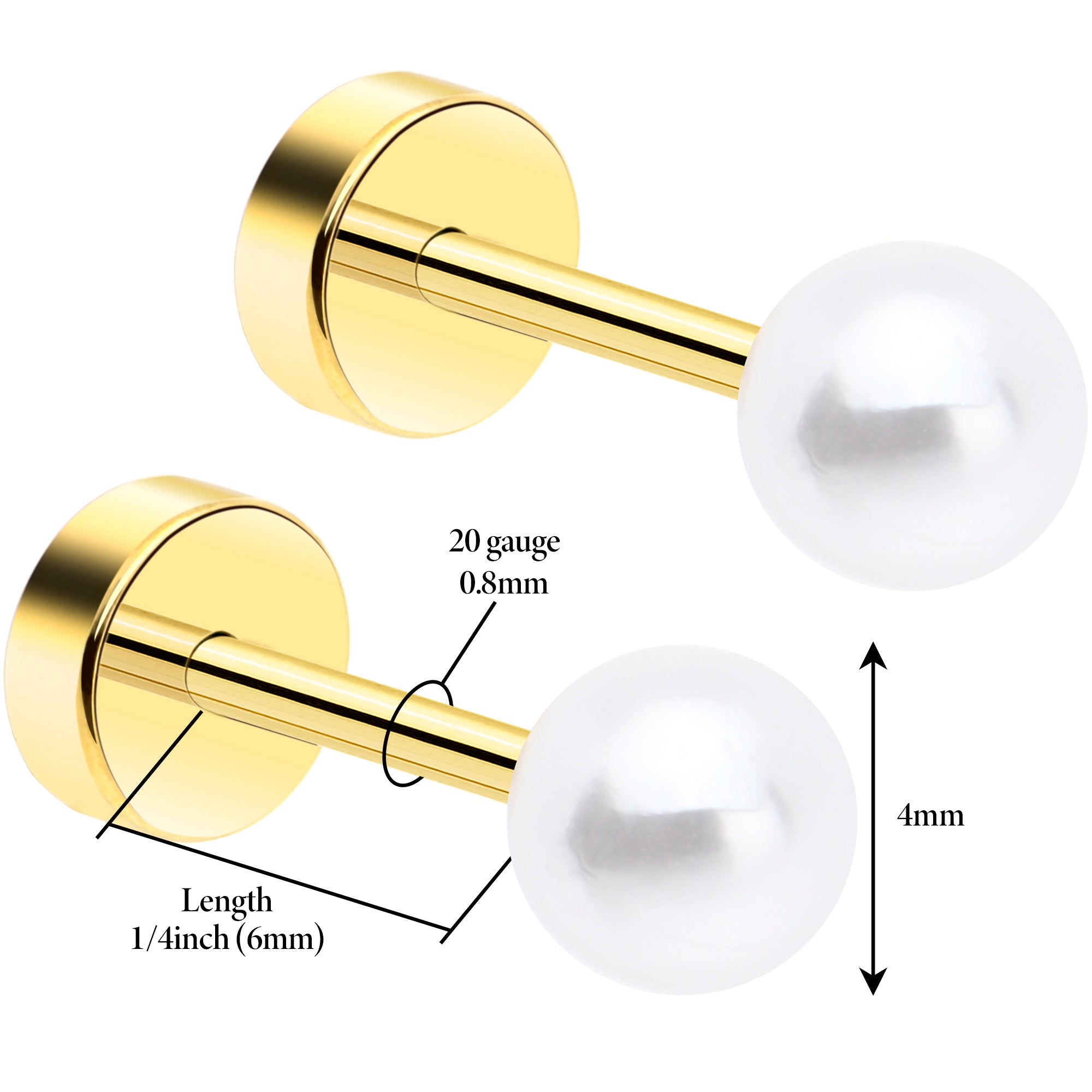 14k Yellow Gold Plated 4mm Iridescent Ball Flat Back Stud Earrings - 1 Pair