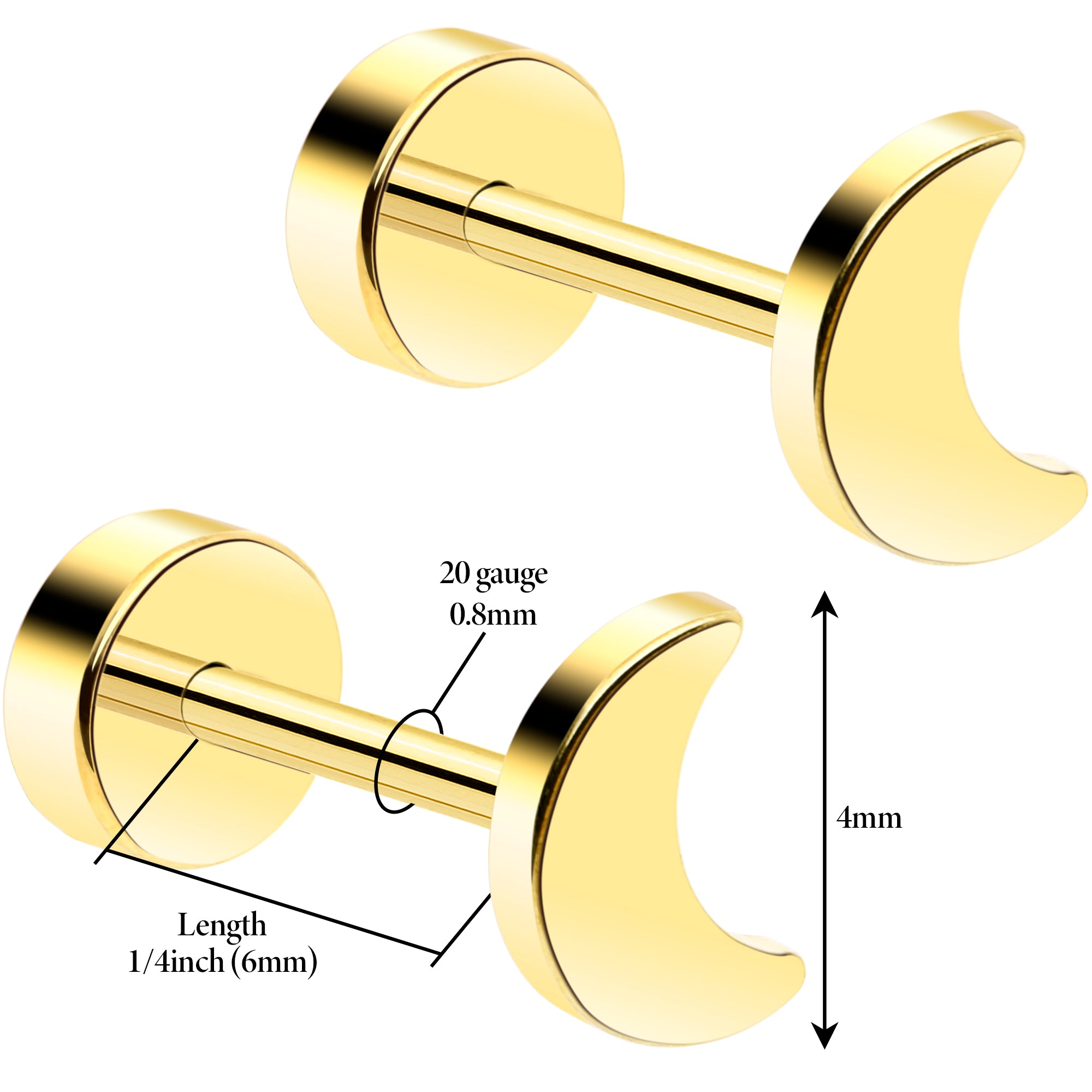 14k Yellow Gold Plated 4mm Crescent Moon Flat Back Stud Earrings - 1 Pair