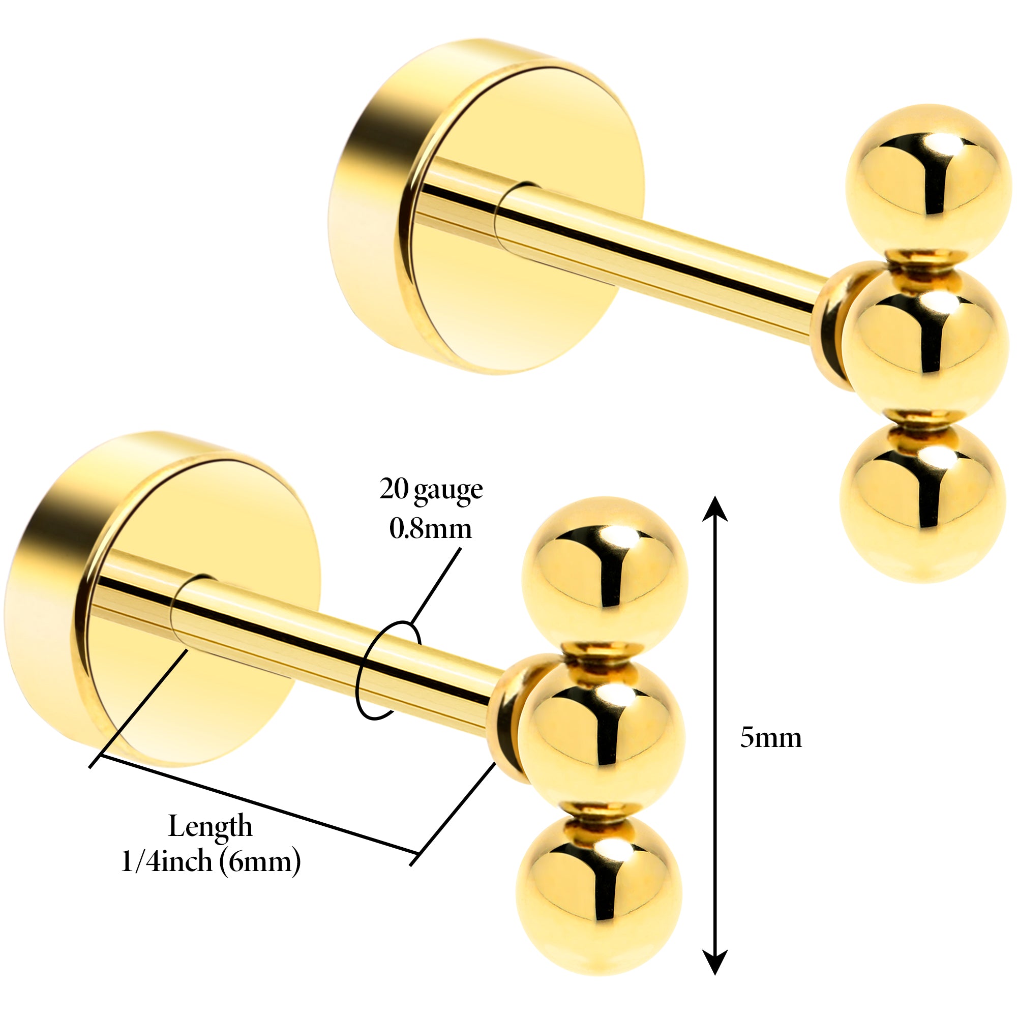 14k Yellow Gold Plated 4mm Trinity Ball Flat Back Stud Earrings - 1 Pair