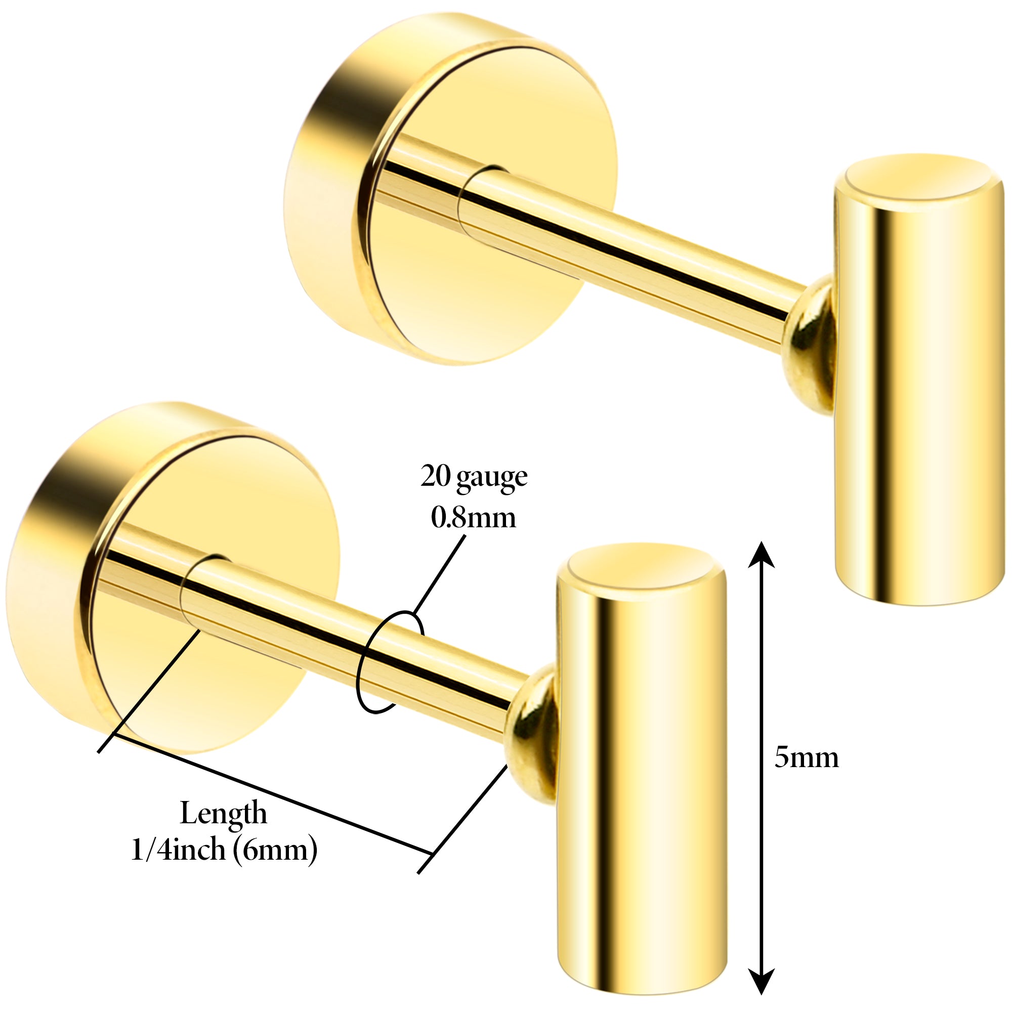 14k Yellow Gold Plated Straight Barbell Ball Flat Back Stud Earrings - 1 Pair