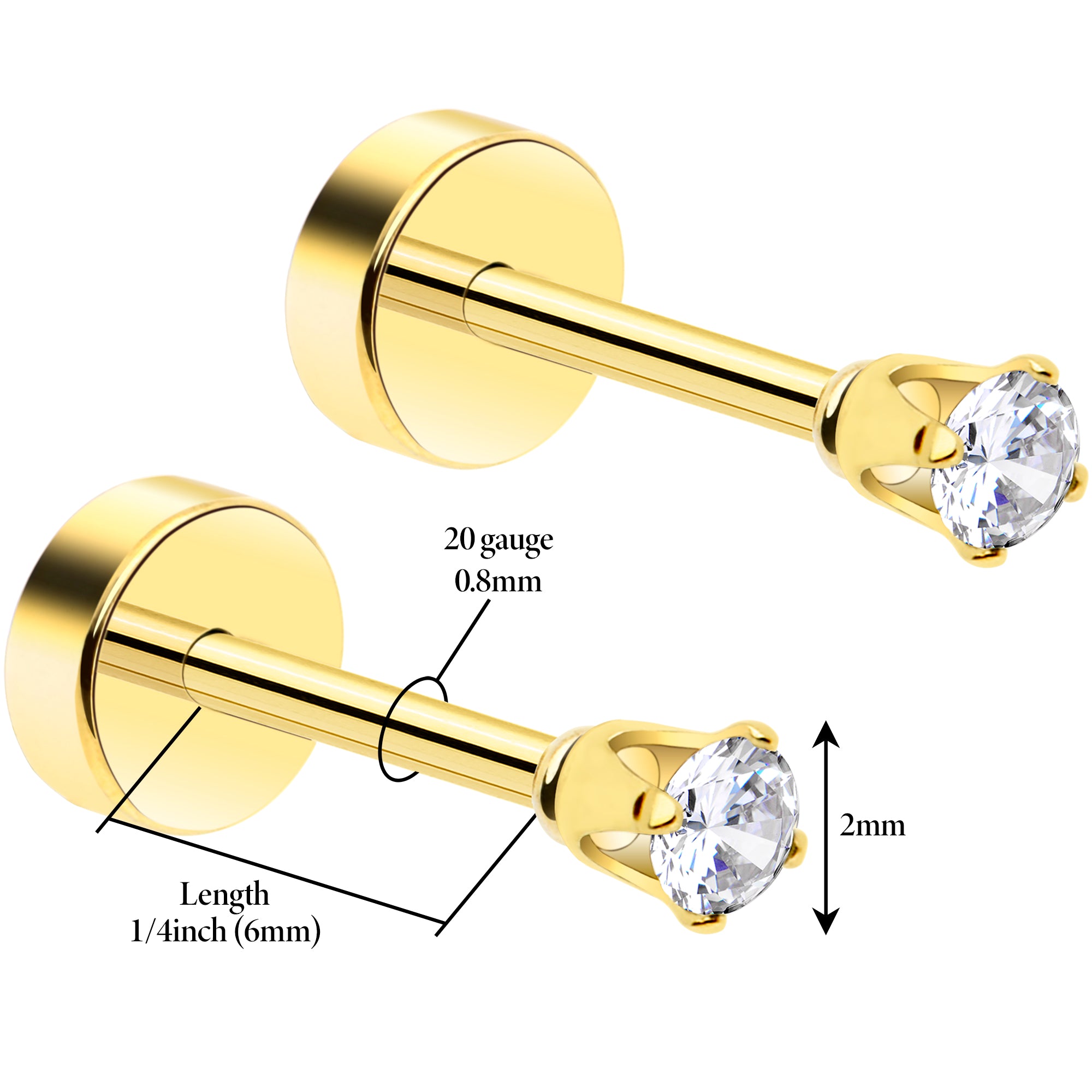 14k Yellow Gold Plated 2mm CZ Flat Back Stud Earrings - 1 Pair