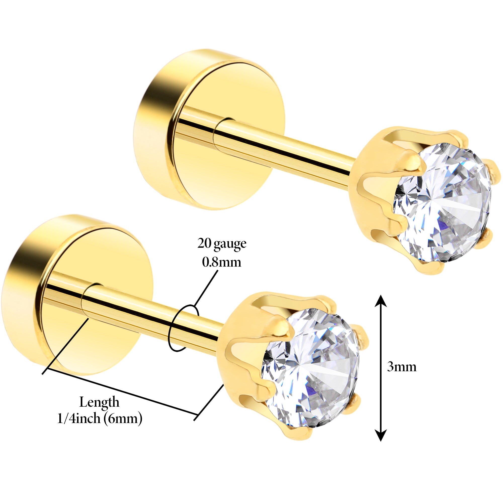 14k Yellow Gold Plated 3mm CZ Flat Back Stud Earrings - 1 Pair