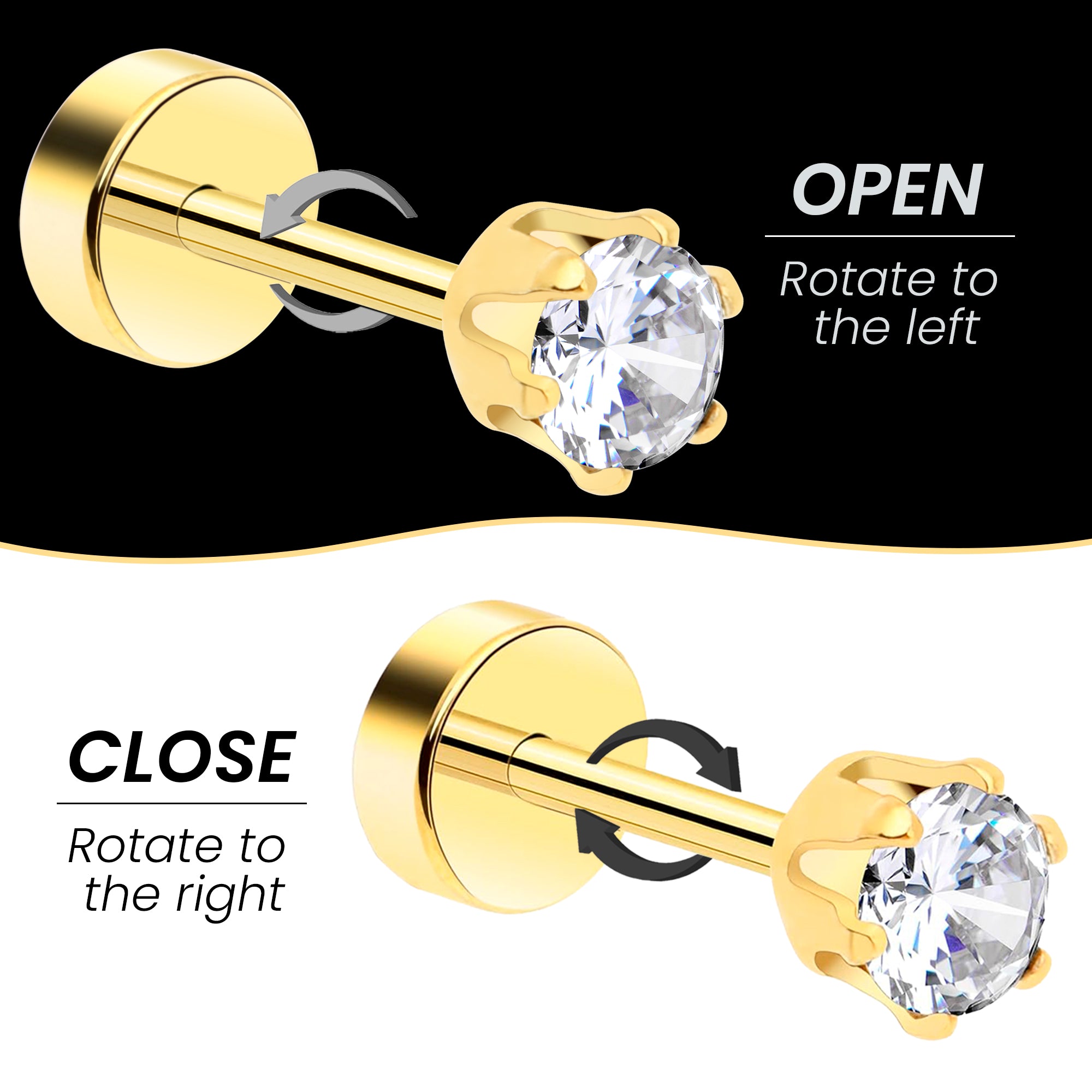 14k Yellow Gold Plated 3mm CZ Flat Back Stud Earrings - 1 Pair