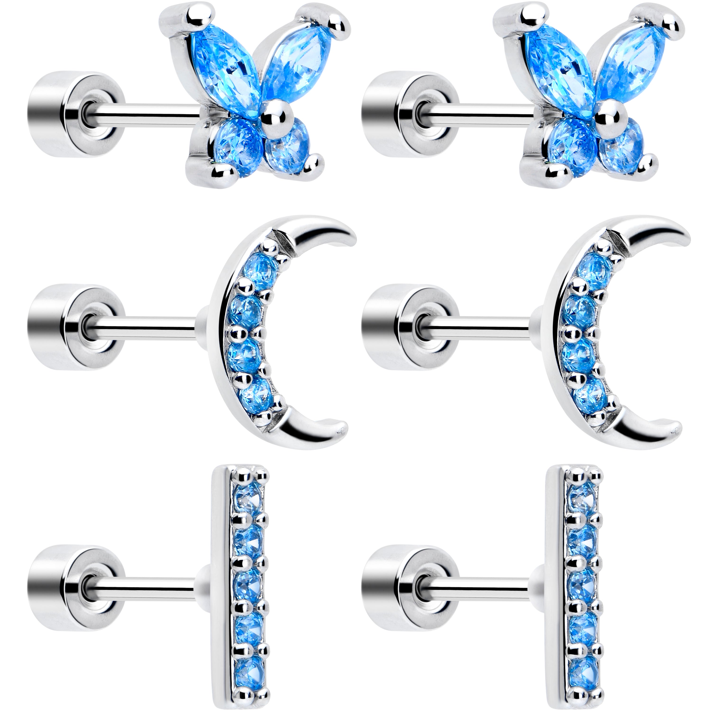 Blue CZ Celestial Butterfly Flat Back Stud Earrings - 3 Pairs