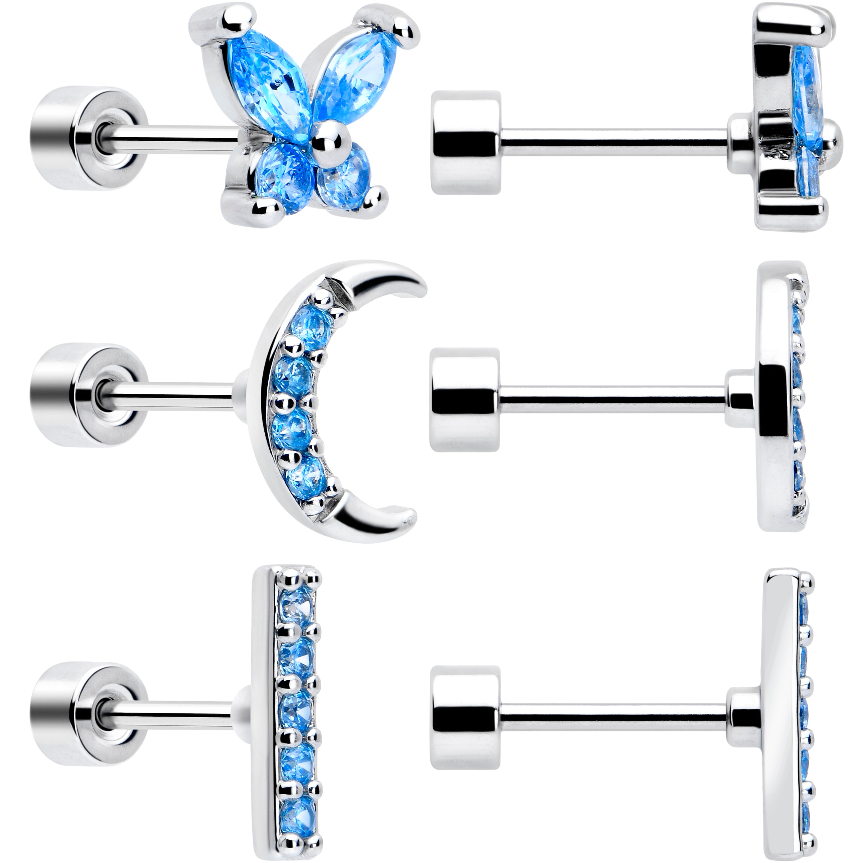 Blue CZ Celestial Butterfly Flat Back Stud Earrings - 3 Pairs