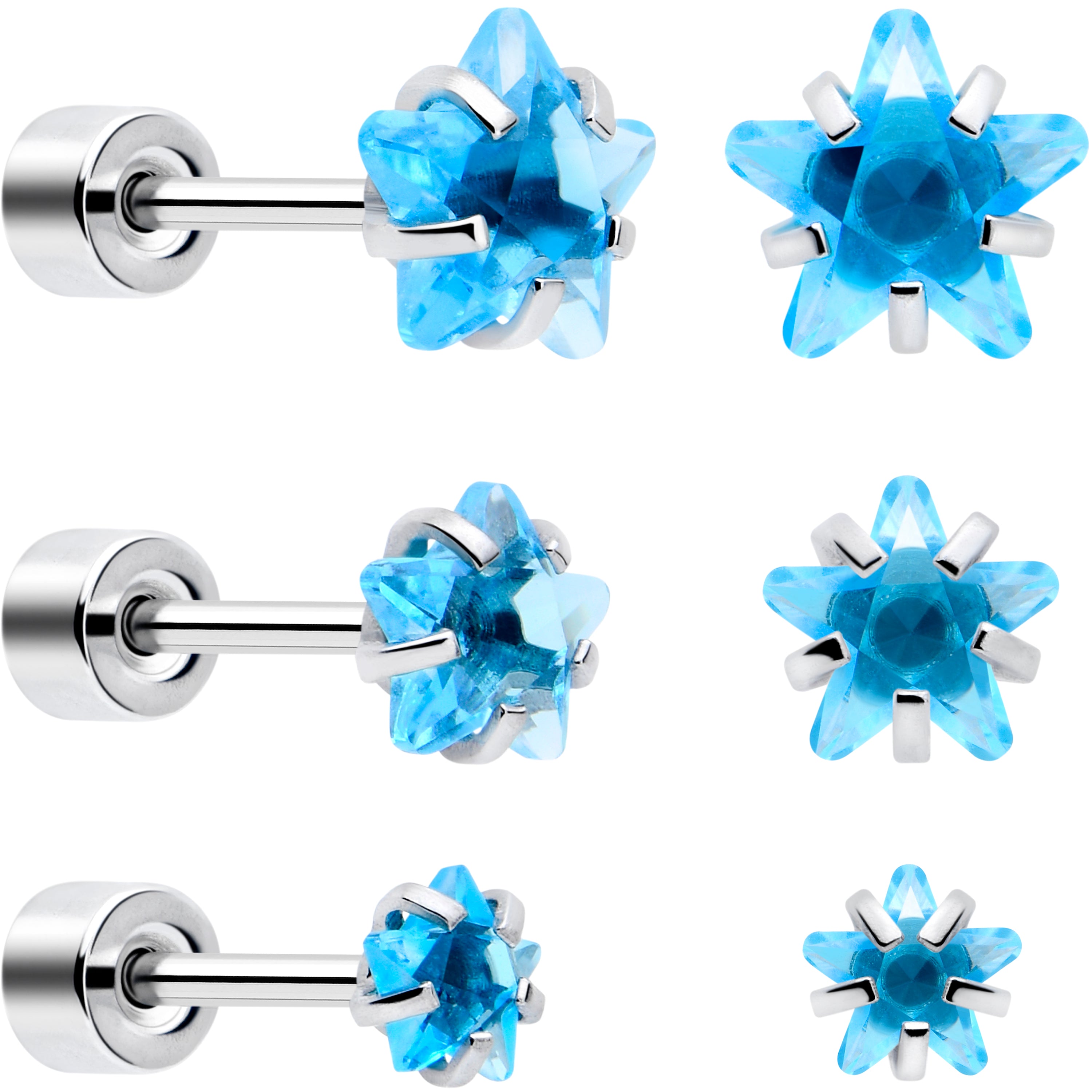 Blue Star CZ Flat Back Stud Earrings - 3 Pairs