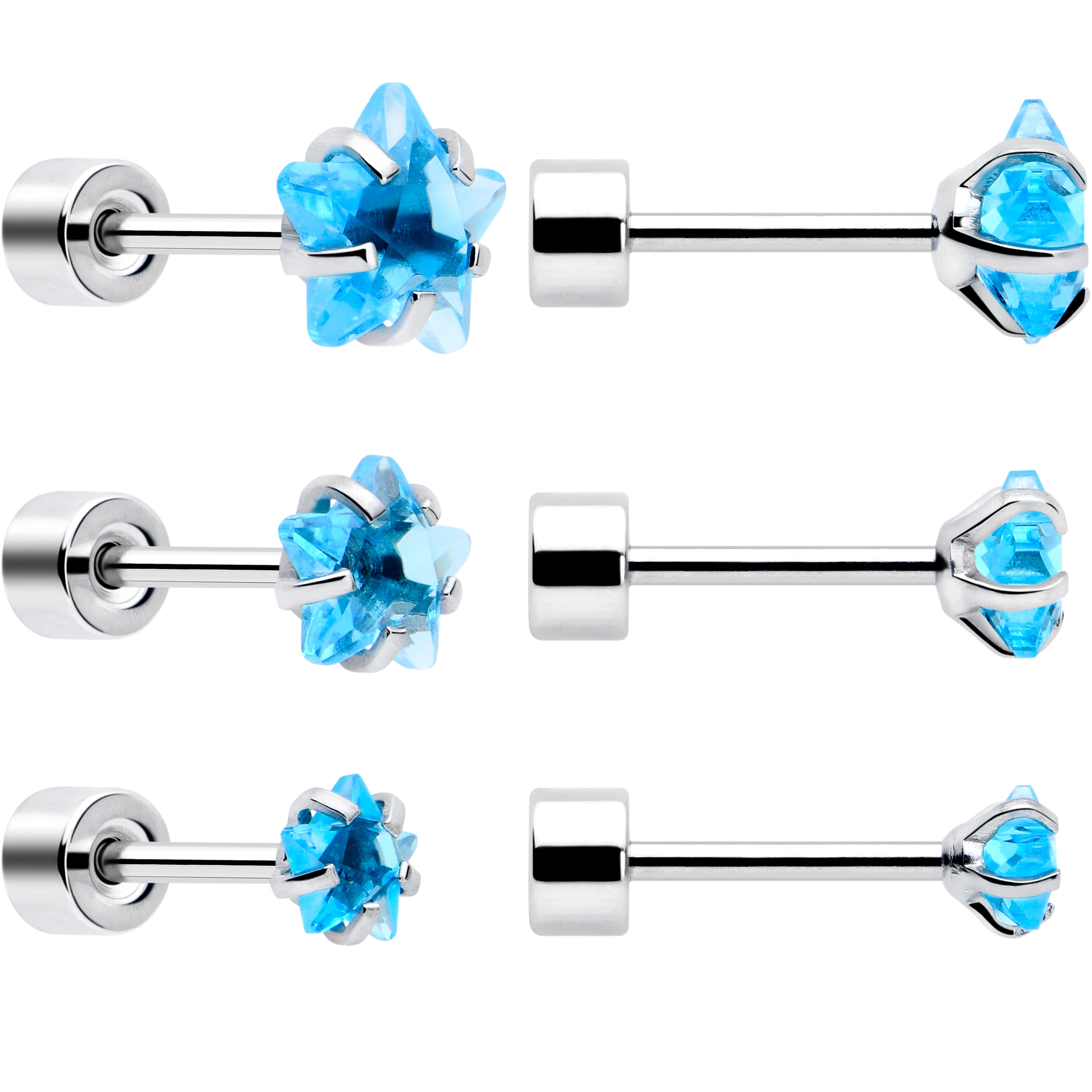 Blue Star CZ Flat Back Stud Earrings - 3 Pairs