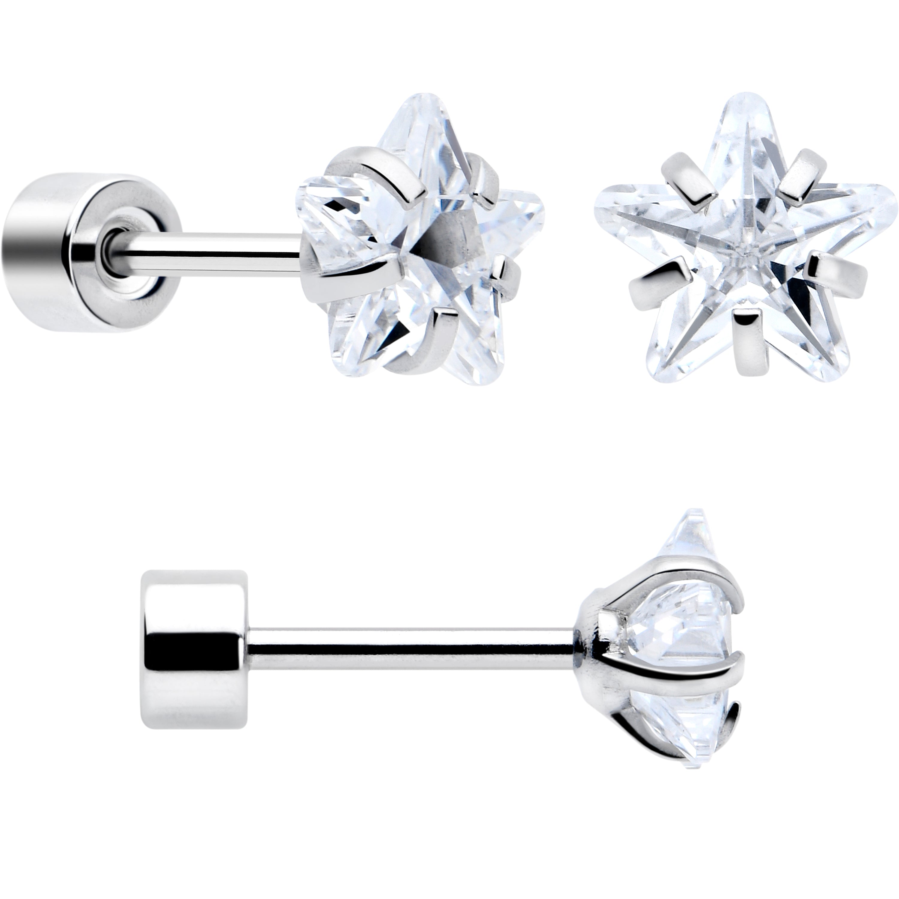 Clear Star CZ Flat Back Stud Earrings - 3 Pairs