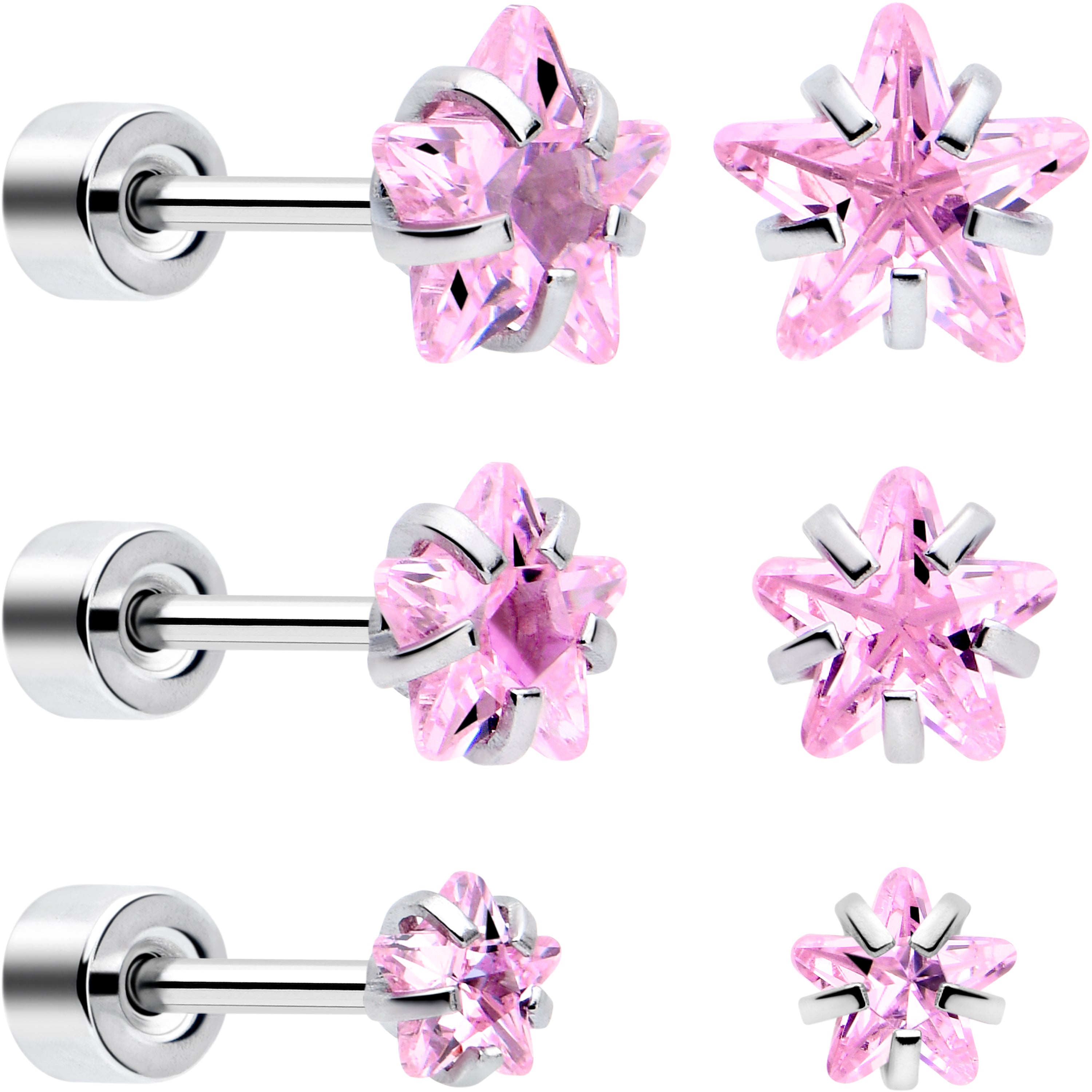 Pink Star CZ Flat Back Stud Earrings - 3 Pairs