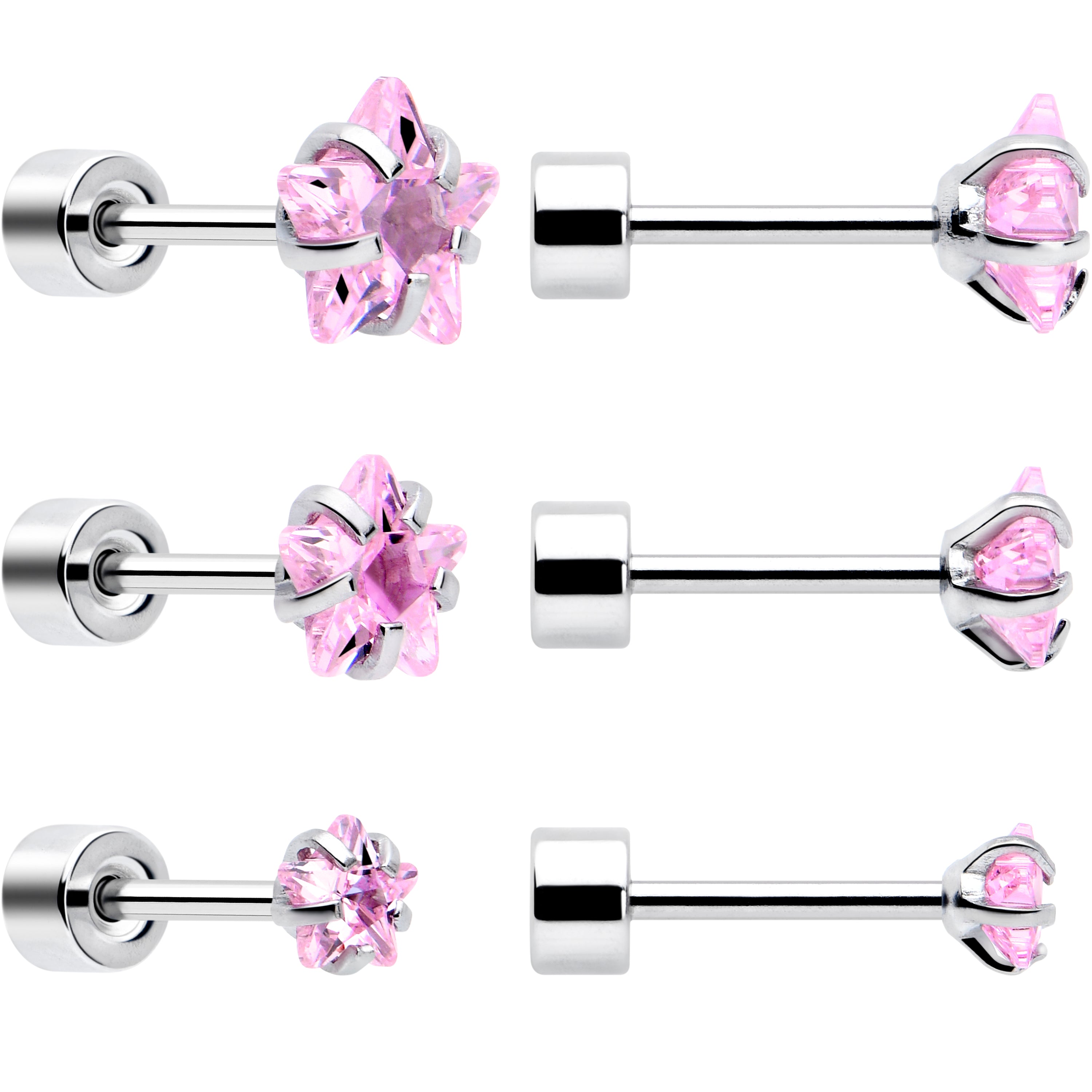 Pink Star CZ Flat Back Stud Earrings - 3 Pairs