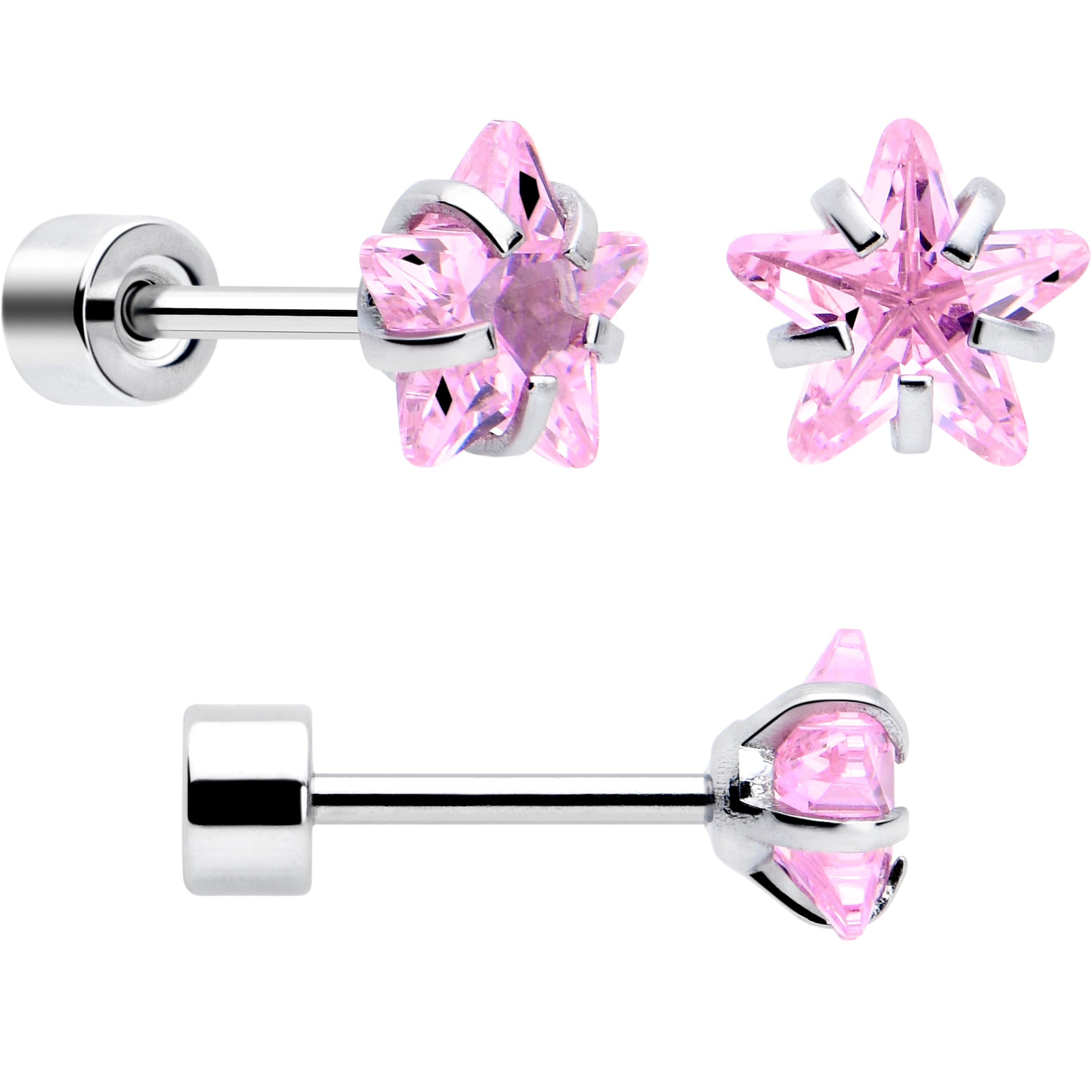 Pink Star CZ Flat Back Stud Earrings - 3 Pairs