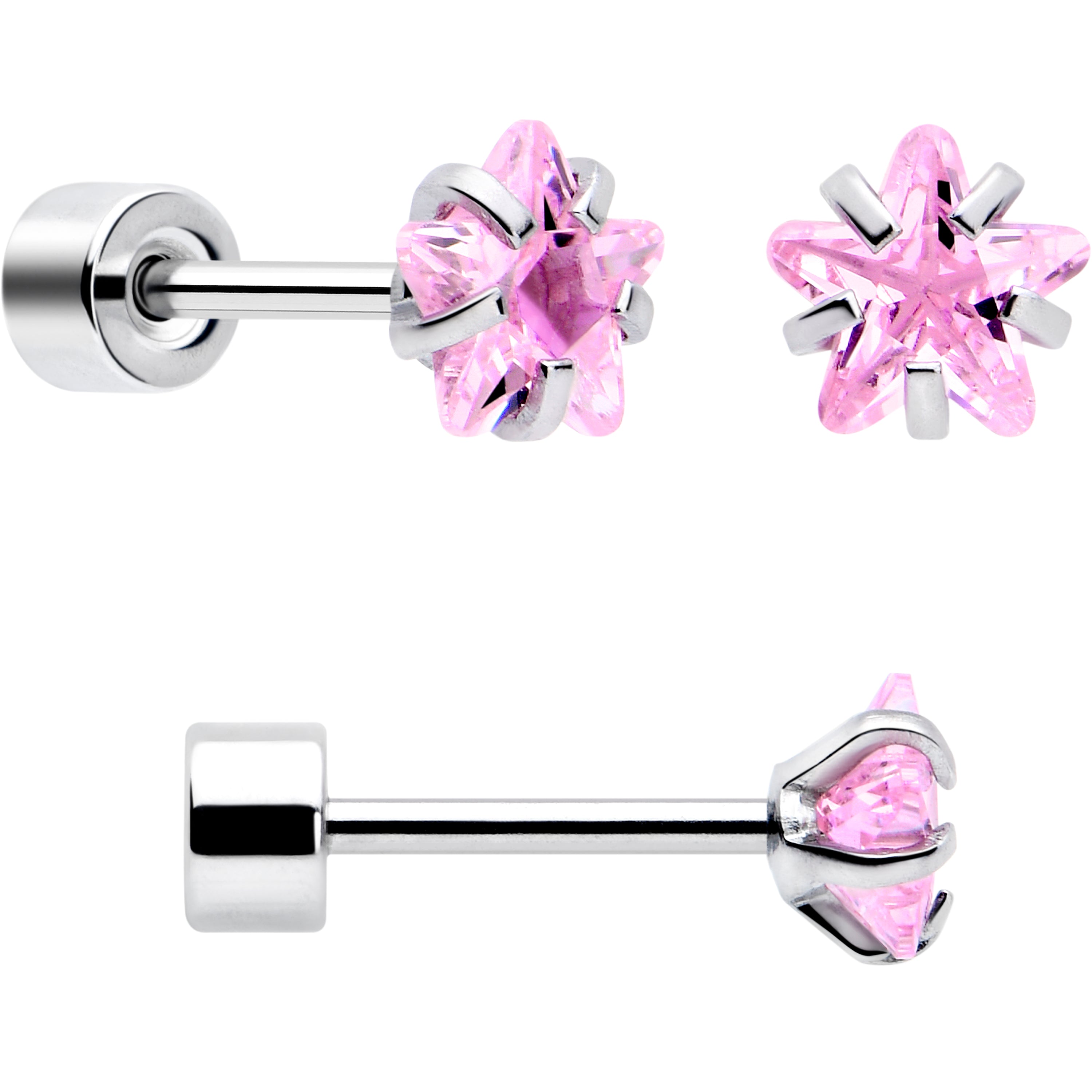 Pink Star CZ Flat Back Stud Earrings - 3 Pairs