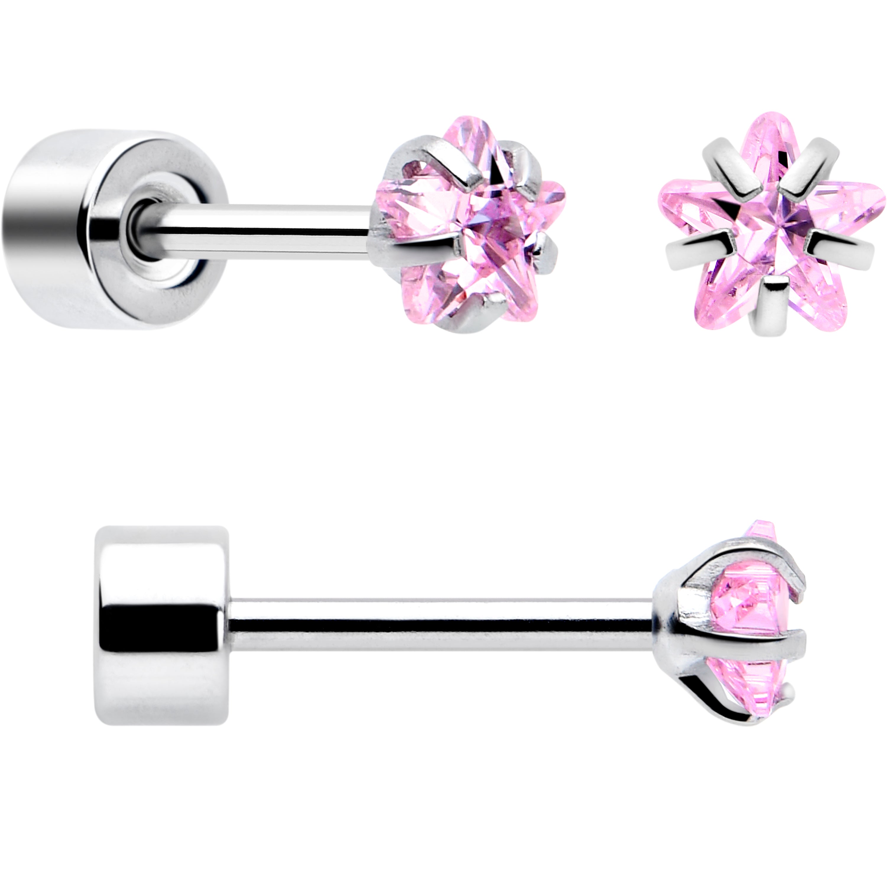 Pink Star CZ Flat Back Stud Earrings - 3 Pairs