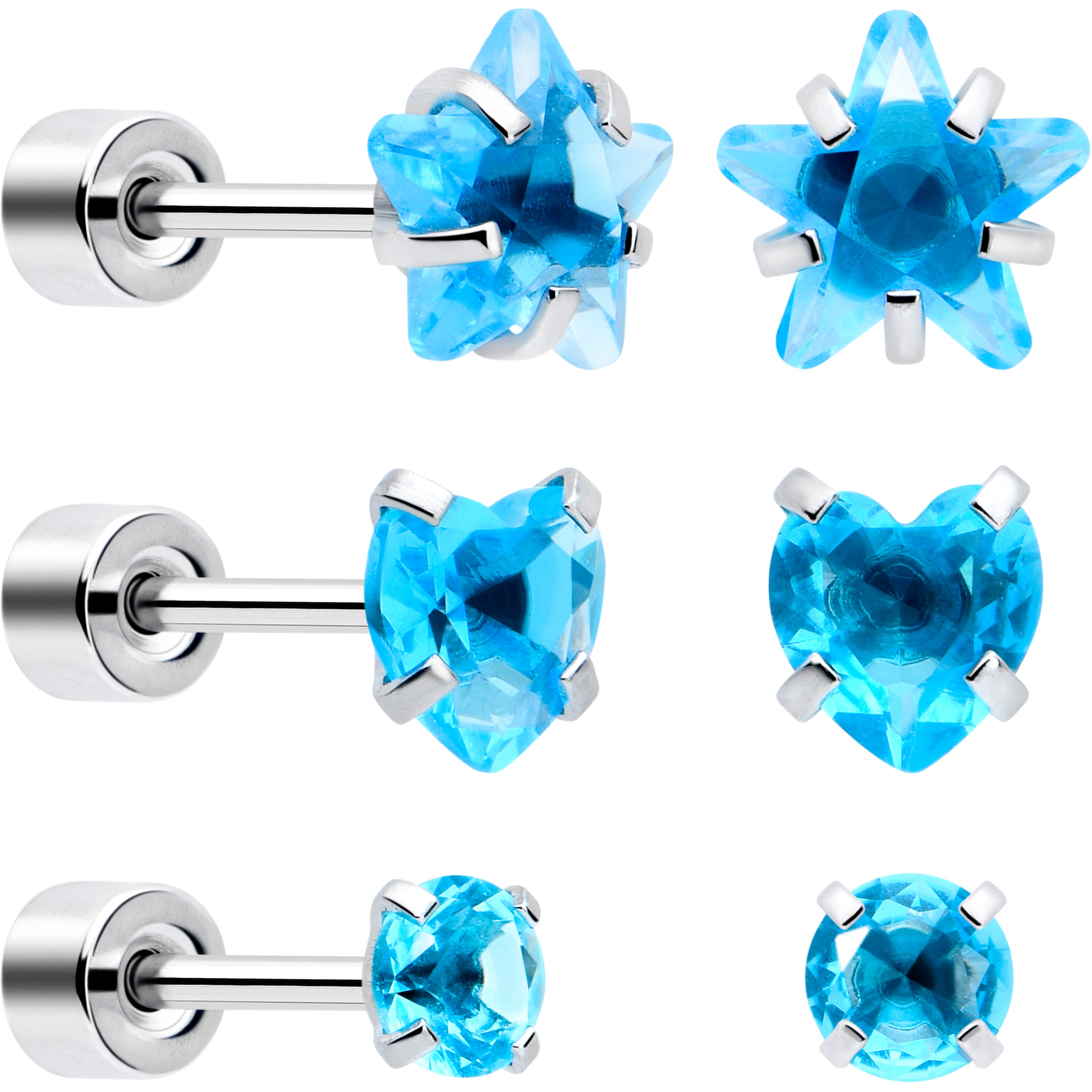 Blue Simplistic Heart Star CZ Flat Back Stud Earrings - 3 Pairs