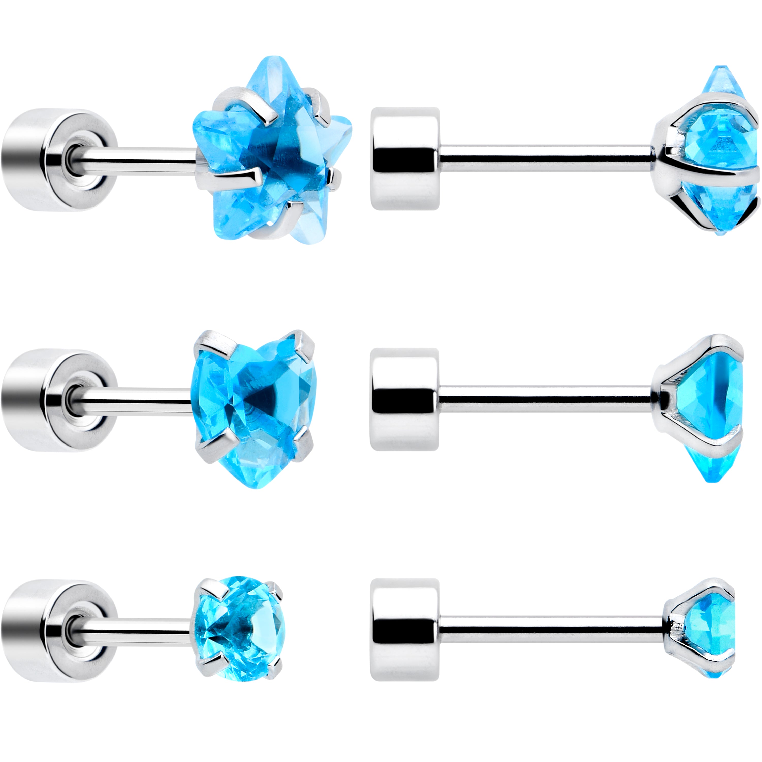 Blue Simplistic Heart Star CZ Flat Back Stud Earrings - 3 Pairs