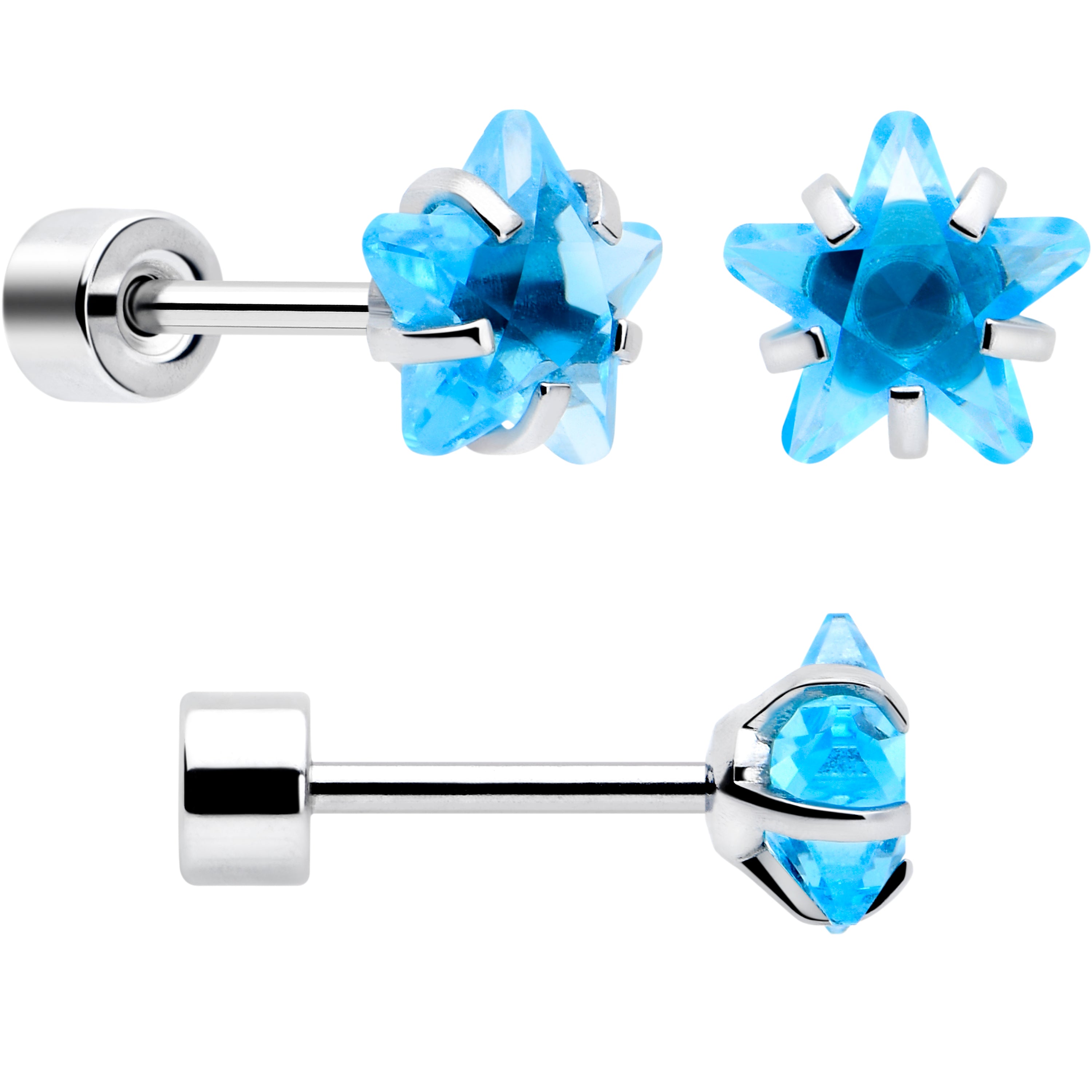 Blue Simplistic Heart Star CZ Flat Back Stud Earrings - 3 Pairs