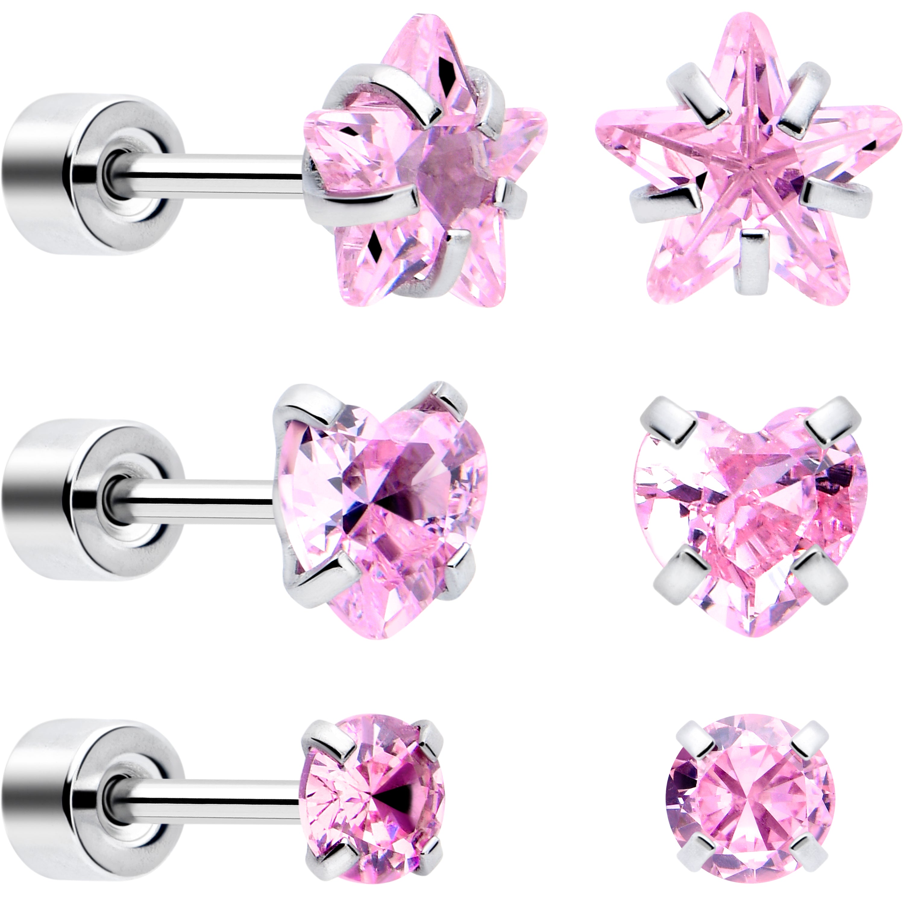 Pink Simplistic Heart Star CZ Flat Back Stud Earrings - 3 Pairs