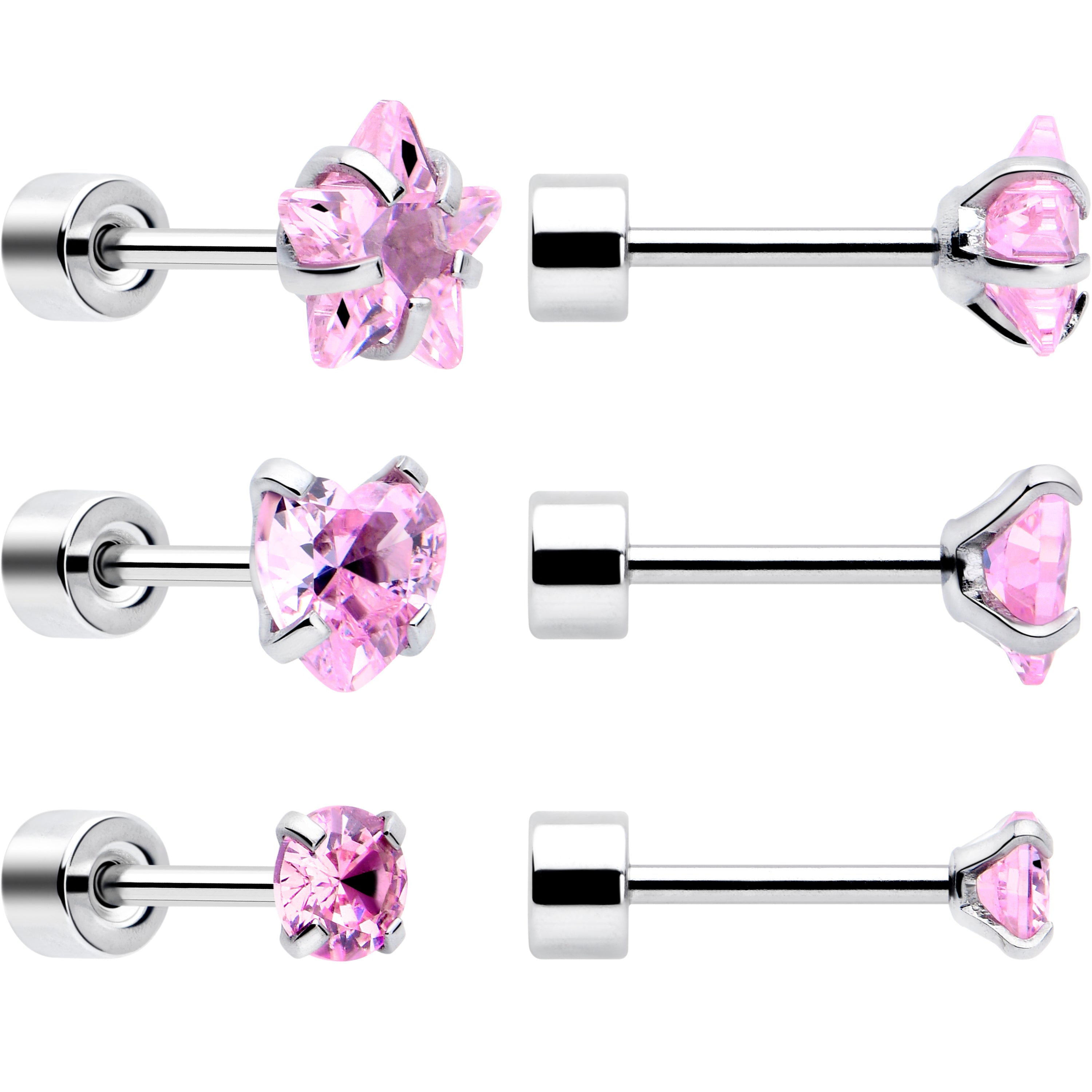 Pink Simplistic Heart Star CZ Flat Back Stud Earrings - 3 Pairs