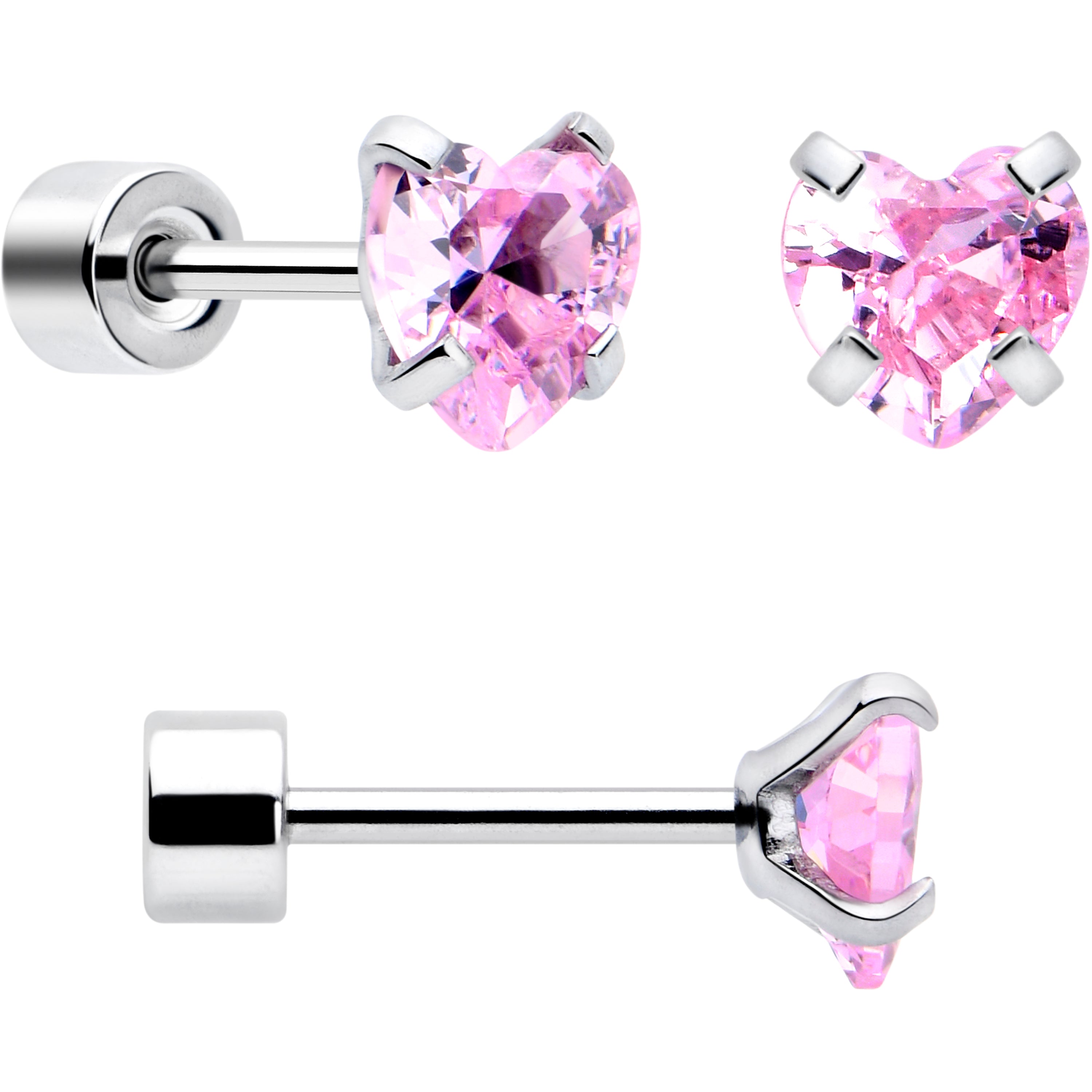 Pink Simplistic Heart Star CZ Flat Back Stud Earrings - 3 Pairs