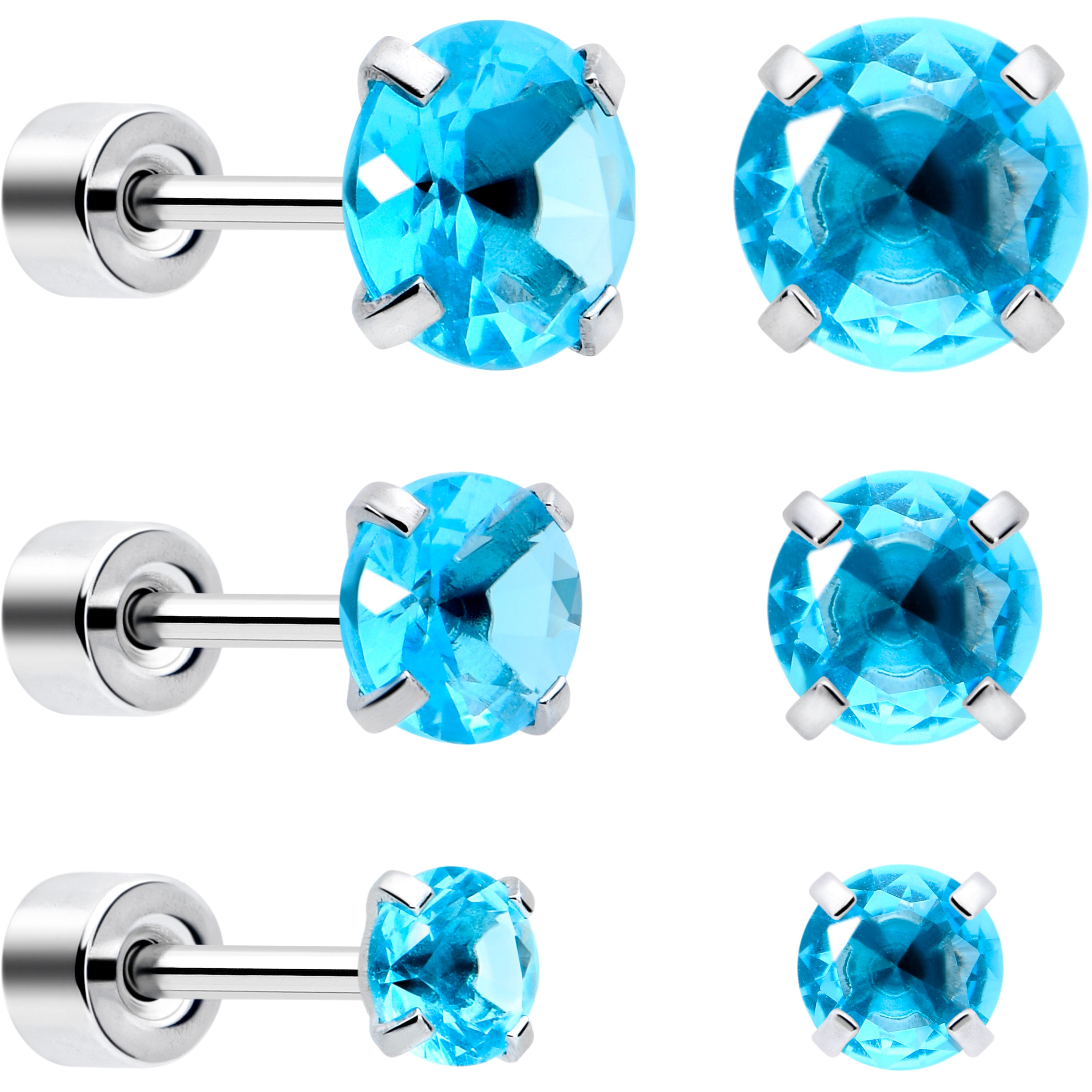 Blue CZ Flat Back Stud Earrings - 3 Pairs