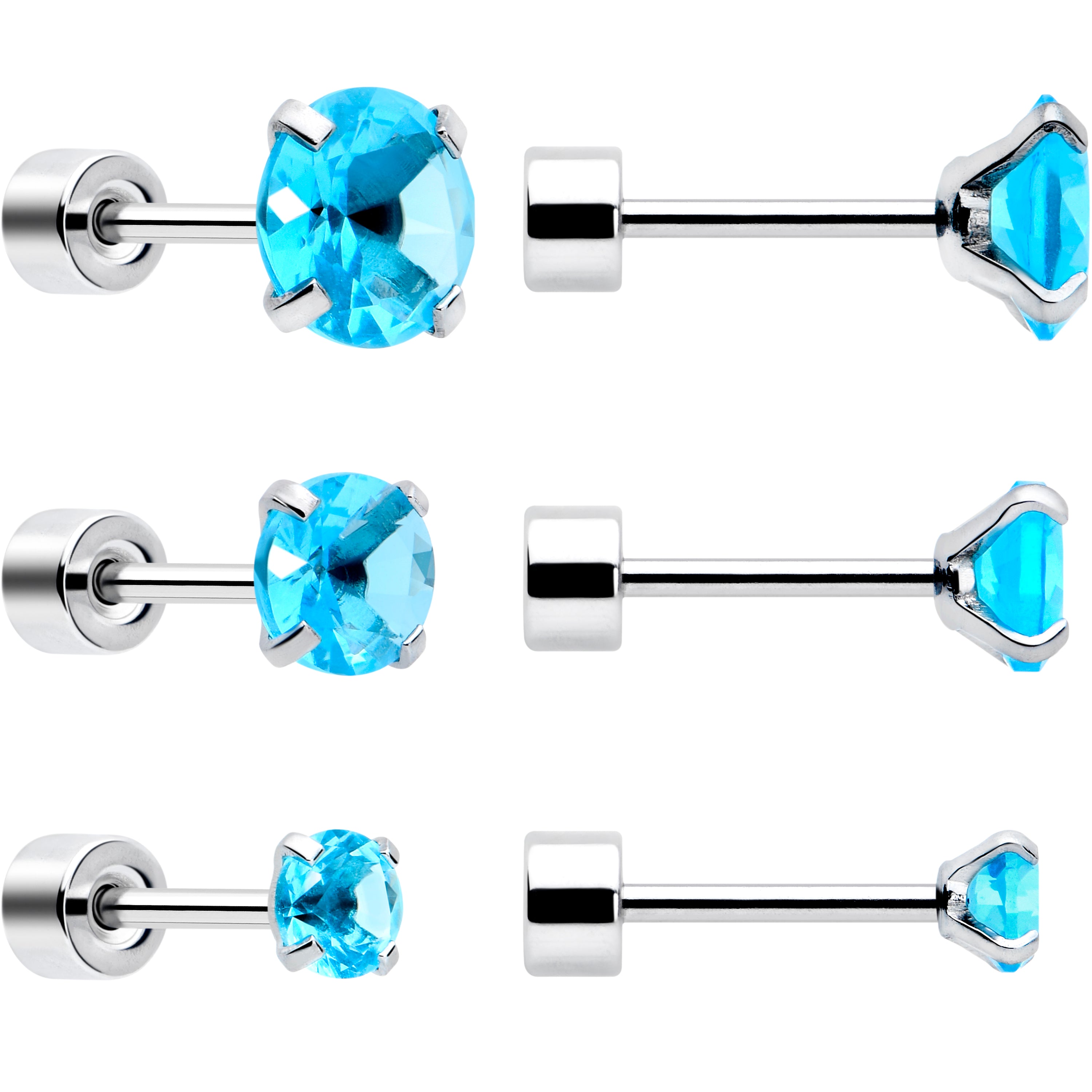 Blue CZ Flat Back Stud Earrings - 3 Pairs