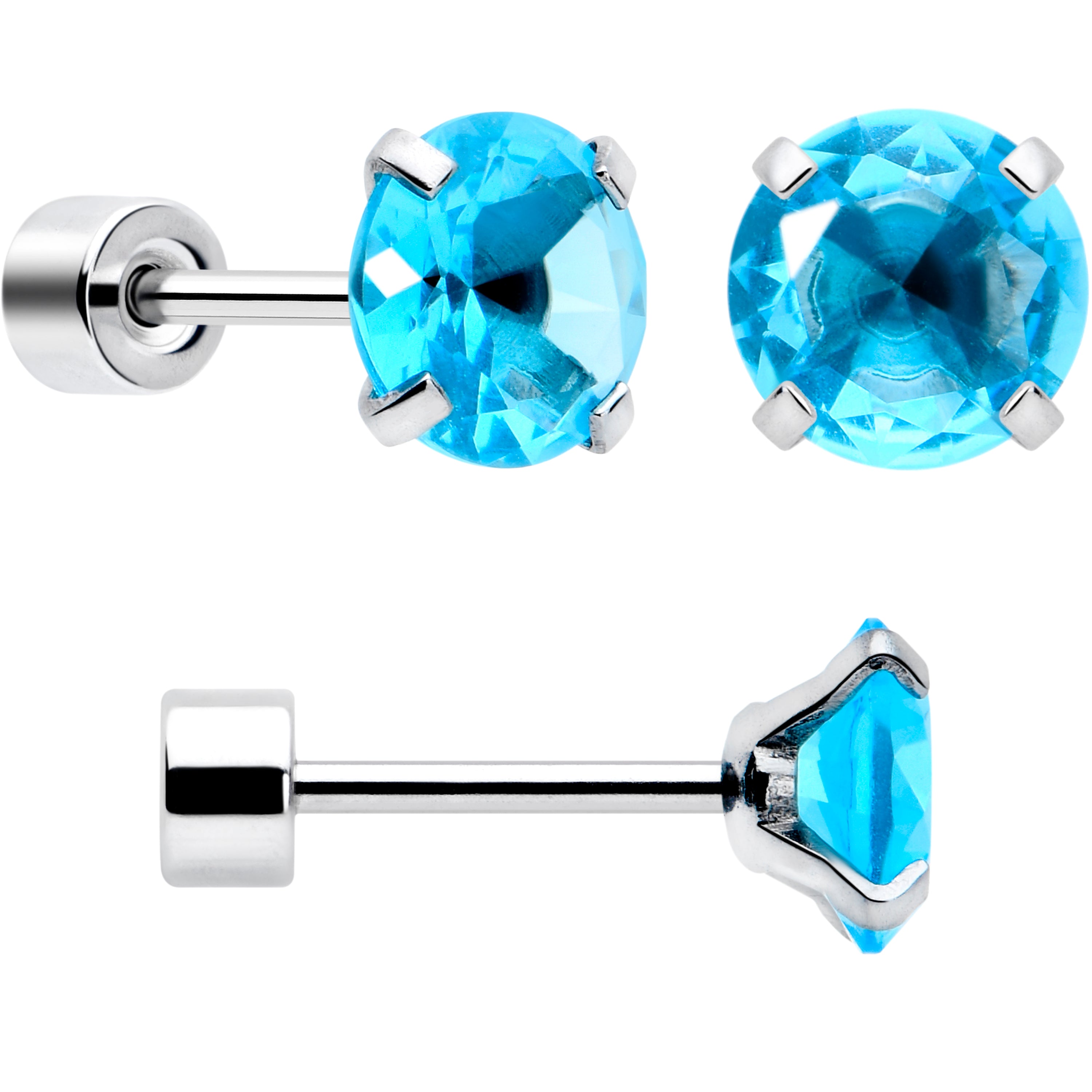 Blue CZ Flat Back Stud Earrings - 3 Pairs