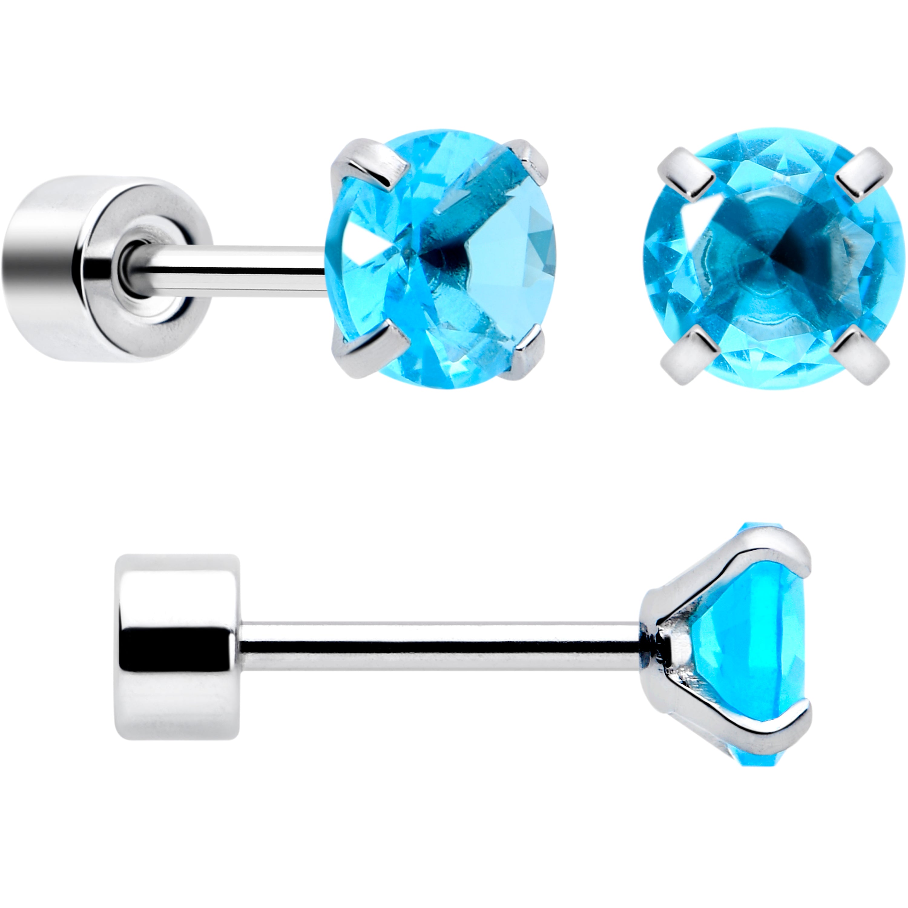 Blue CZ Flat Back Stud Earrings - 3 Pairs