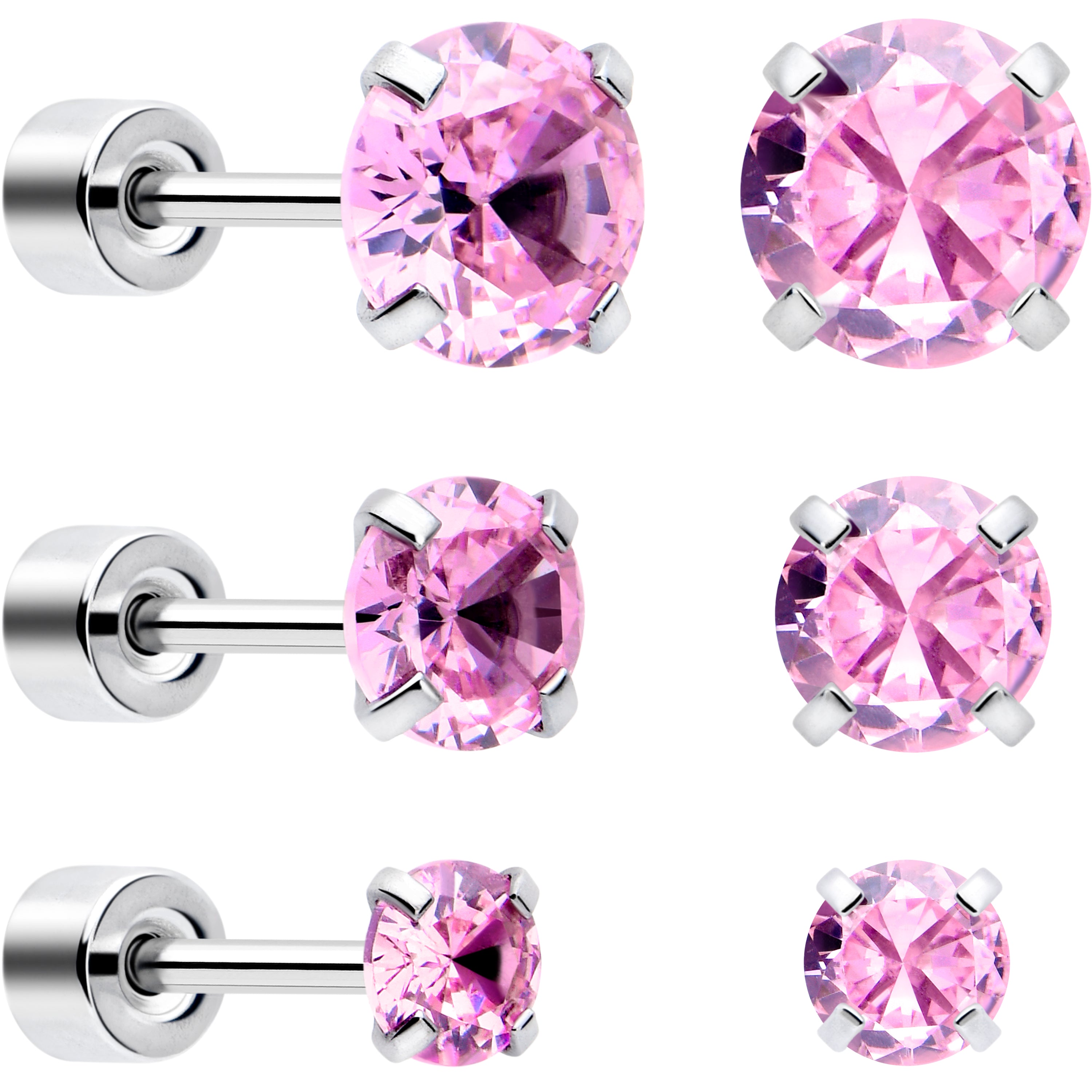 Pink CZ Flat Back Stud Earrings - 3 Pairs