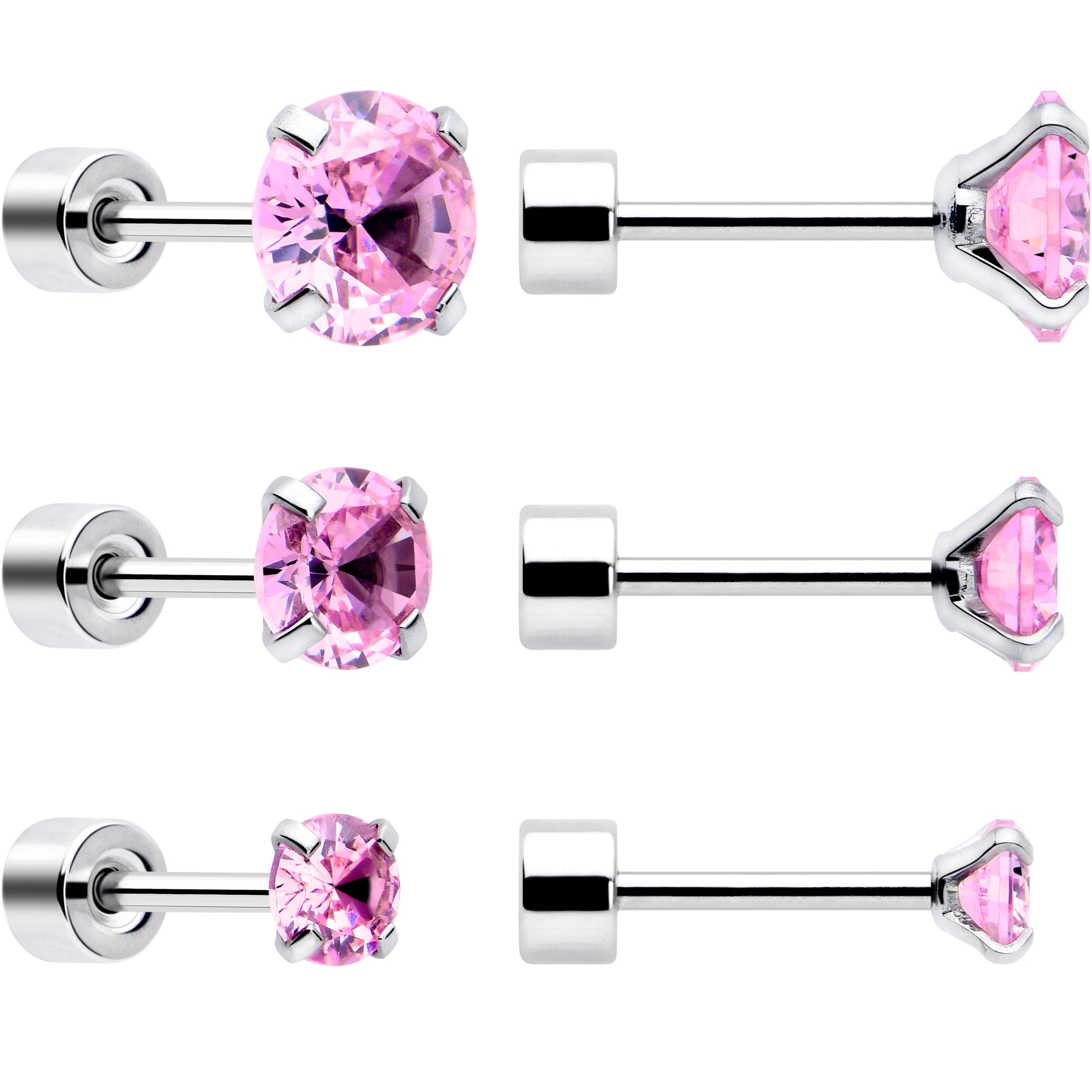 Pink CZ Flat Back Stud Earrings - 3 Pairs