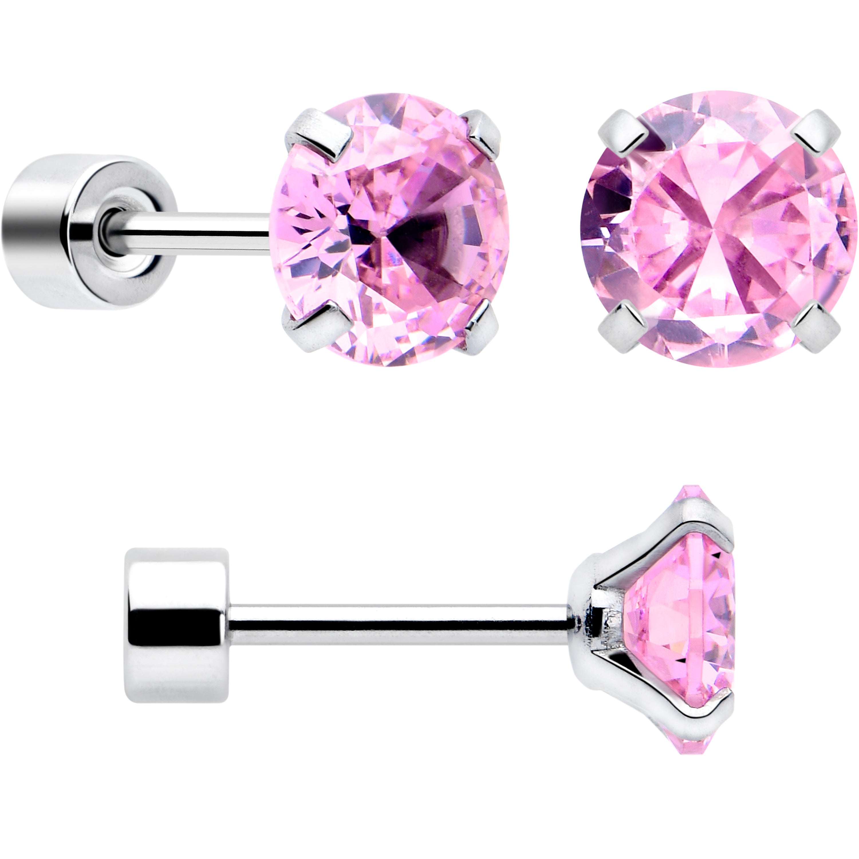 Pink CZ Flat Back Stud Earrings - 3 Pairs